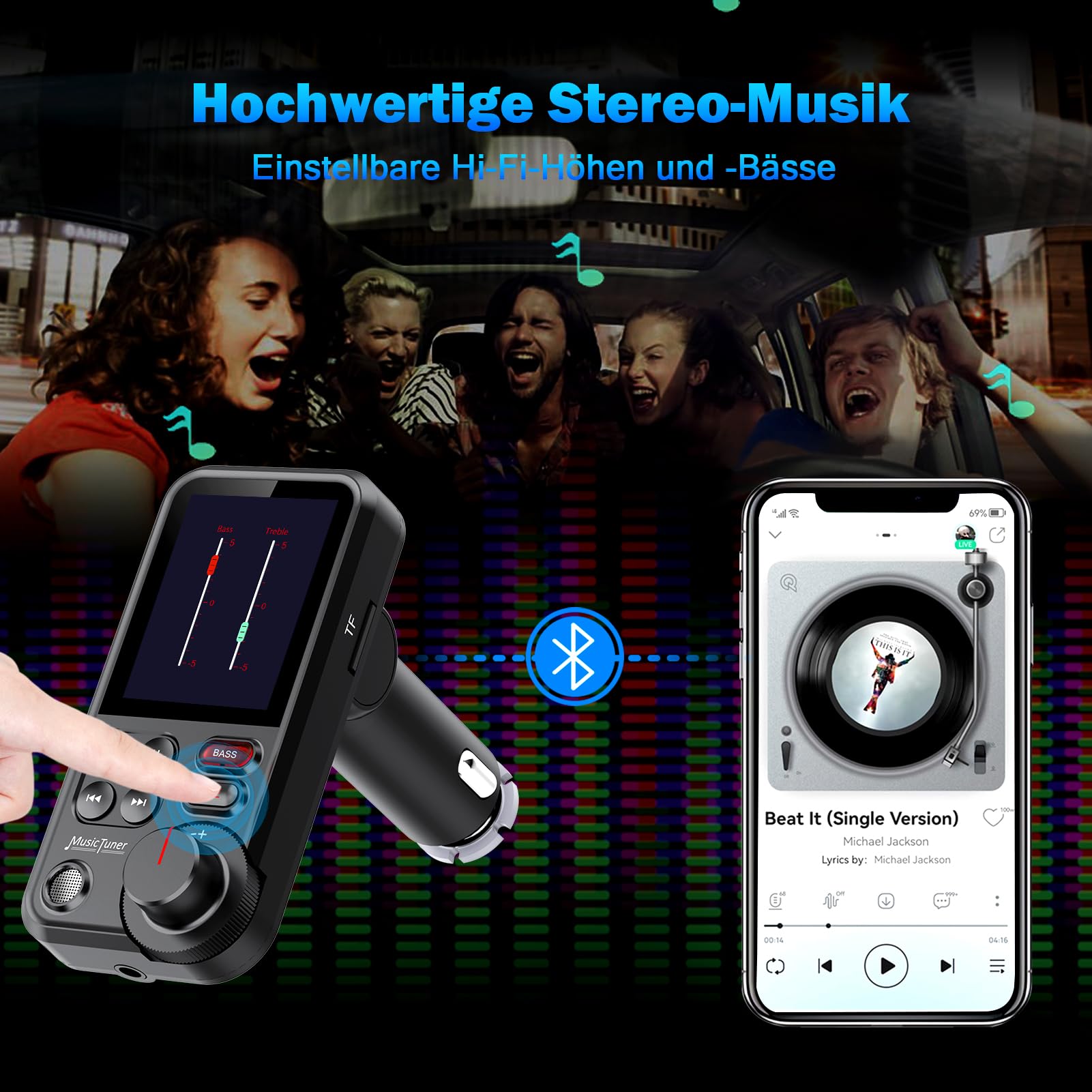 Bluetooth Adapter Auto, FM Transmitter Bloototh, Zigarettenanzünder Auto Player für Car Radio, UnterstüTzung für QC3.0 USB LadegeräT, Bass Musik MP3 Freisprechanlage, 4.5 cm Led Display