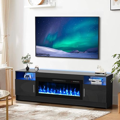 Miniatura 8 de BREEZEHEAT Soporte de TV con chimenea eléctrica, centro de entretenimiento LED, soporte de TV de 70 pulgadas con chimenea eléctrica de 36 pulgadas,