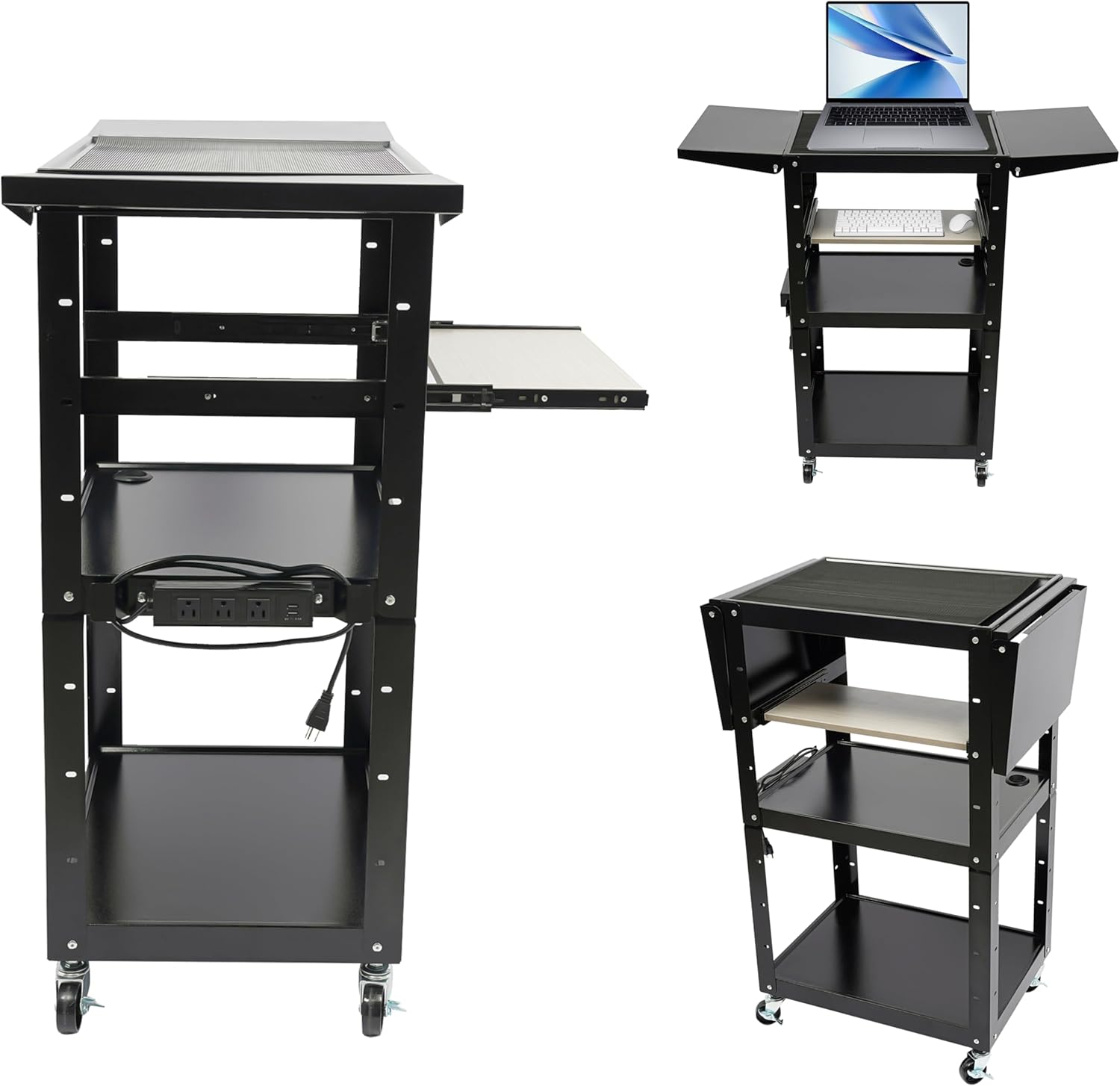 Rolling AV Cart Lectern Computer Desk Laptop Podium Stand W/ Power Strip Keyboard Tray & Drop Leaves , Height Adjustable Mobile Utility Cart Workstation for Classroom Church Office Presentations