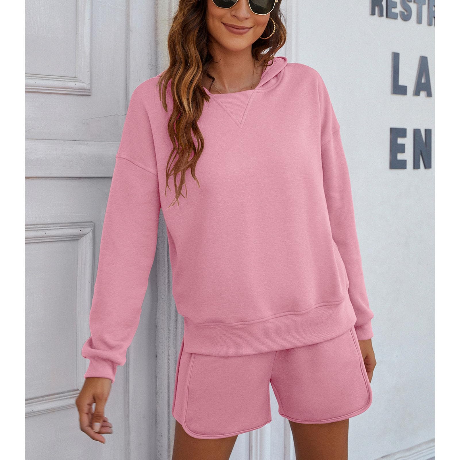 Conjunto de pantalones cortos de manga larga para mujer, holgado, 2 piezas, con capucha, para el hogar