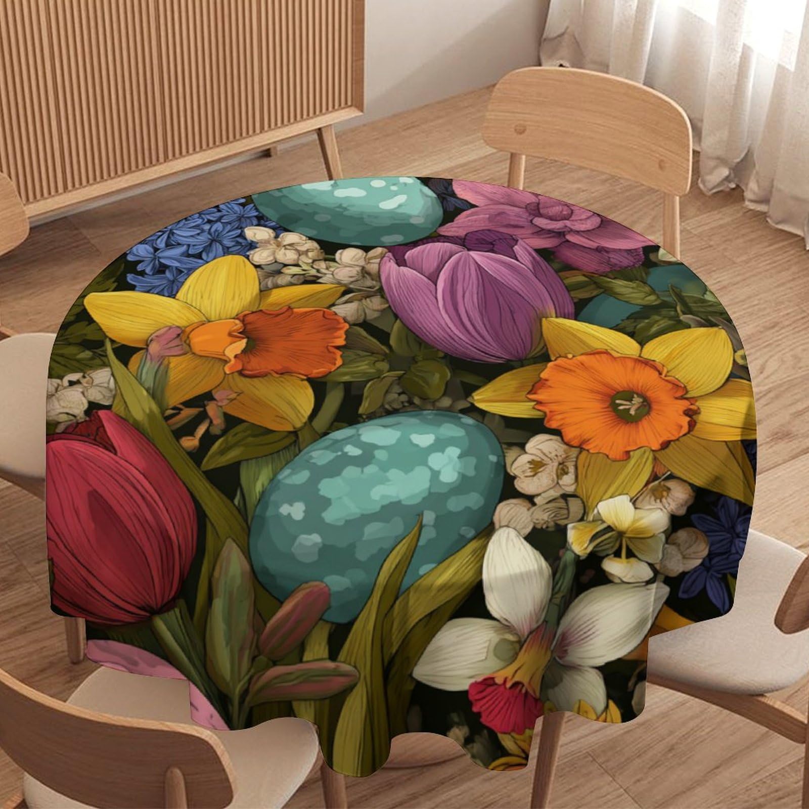LUYYSKY Abstract Vintage Colorful Eggs Waterproof Round Tablecloth Cute Oil Painting Easter Spring Natural Tulips Floral Pattern Washable Table Cover for Kitchen-177.8" Wx177.8 L cm