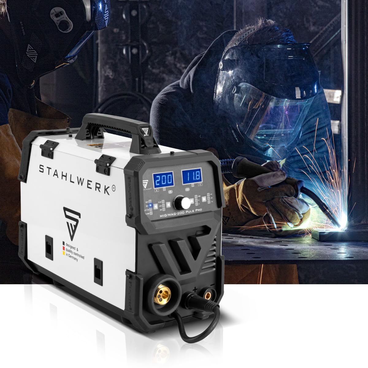 STAHLWERK Schweißgerät 5-in-1 Kombi MIG/MAG 200 Puls Pro – vollsynergisch Schweißen bis 200 A, FLUX (Fülldraht), Lift-TIG, MMA (ARC) und Puls-MIG für Aluminium in einem Gerät, 4-Rollen-Antrieb, IGBT