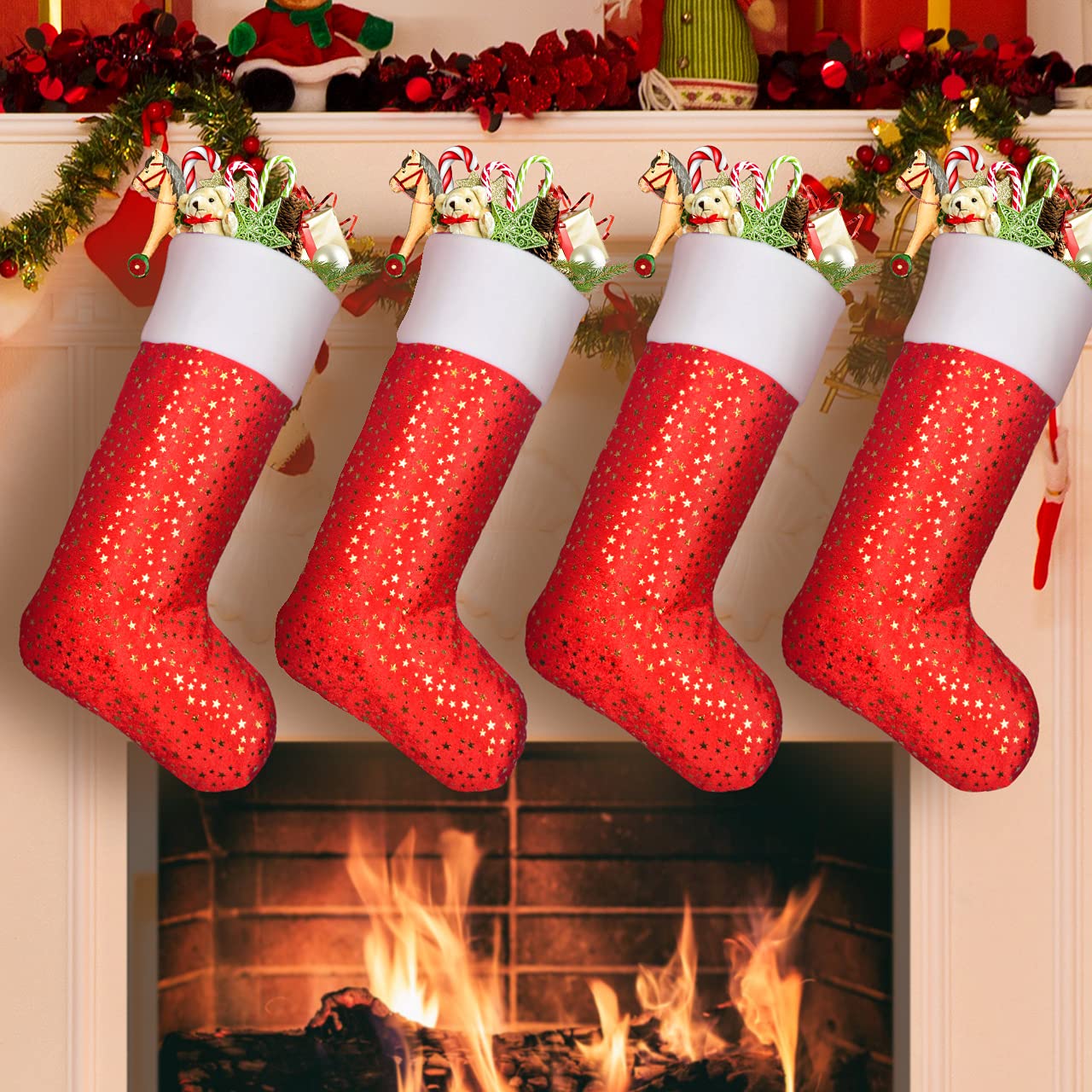AmidakyChristmas Stockings Red 4 Pcs 18 inches White Plush with Golden Stars Design for Xmas Home Decorations