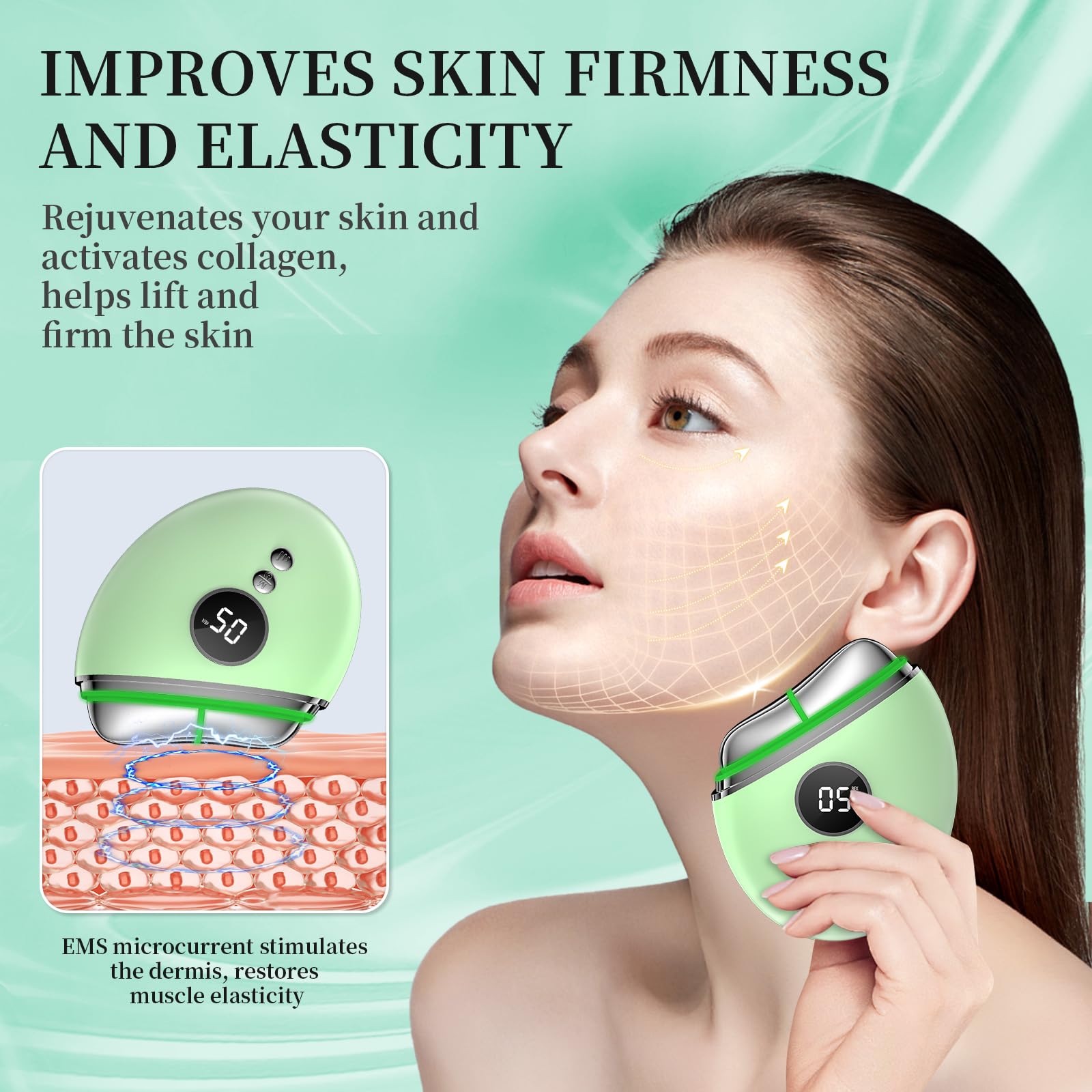 Eyoushow EMS Gua Sha, 4 in 1 Elektrisches Gesichtsmassagegerät mit Wärme & Vibration, Lichttherapie mit Rotlicht, Blau, Grün Face Massager für Gesicht Anti Aging Anti Falten - 4
