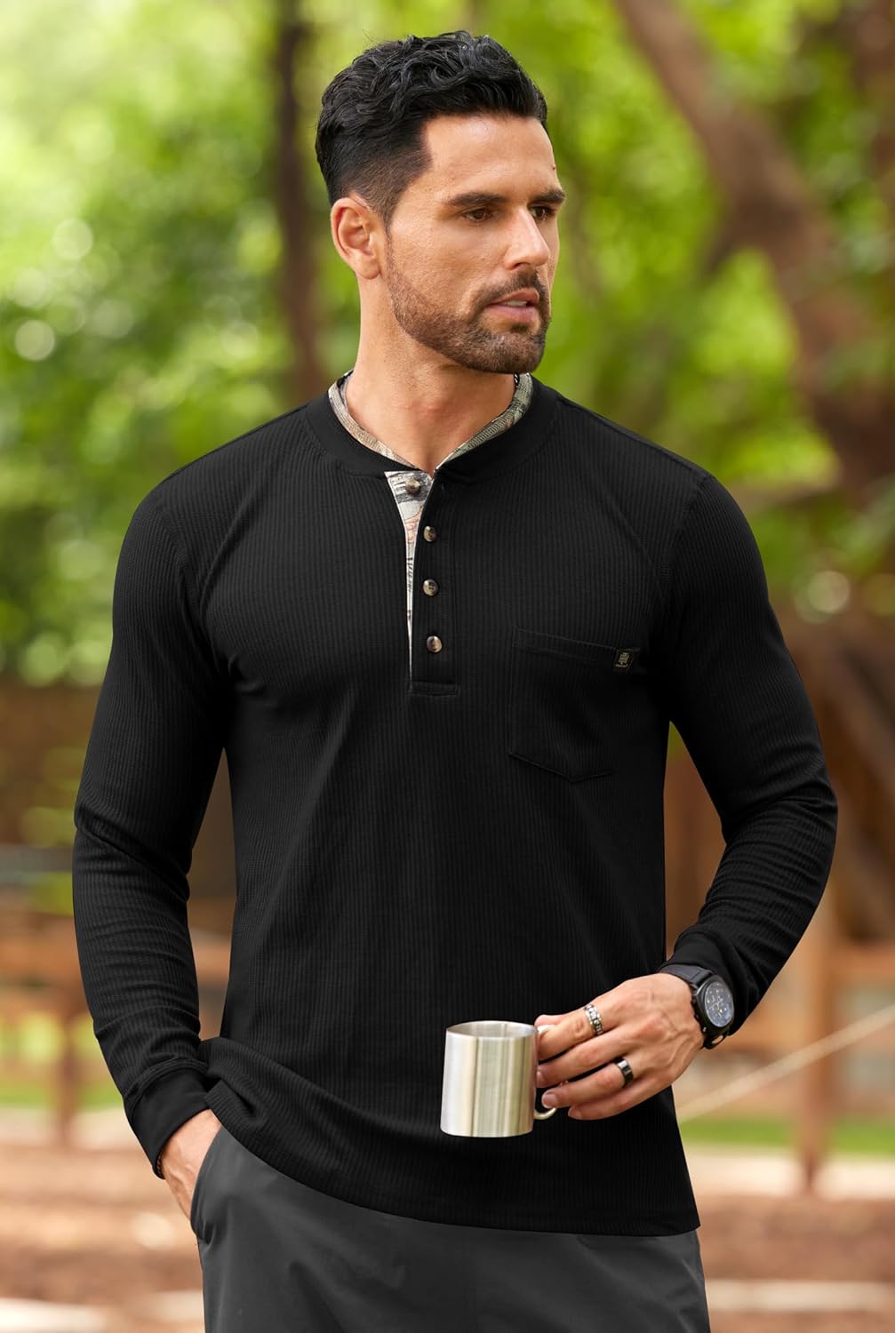 Men's Long Sleeve Waffle Henley Shirt Vintage Button T-Shirt with Pocket S-3XL - Image 3