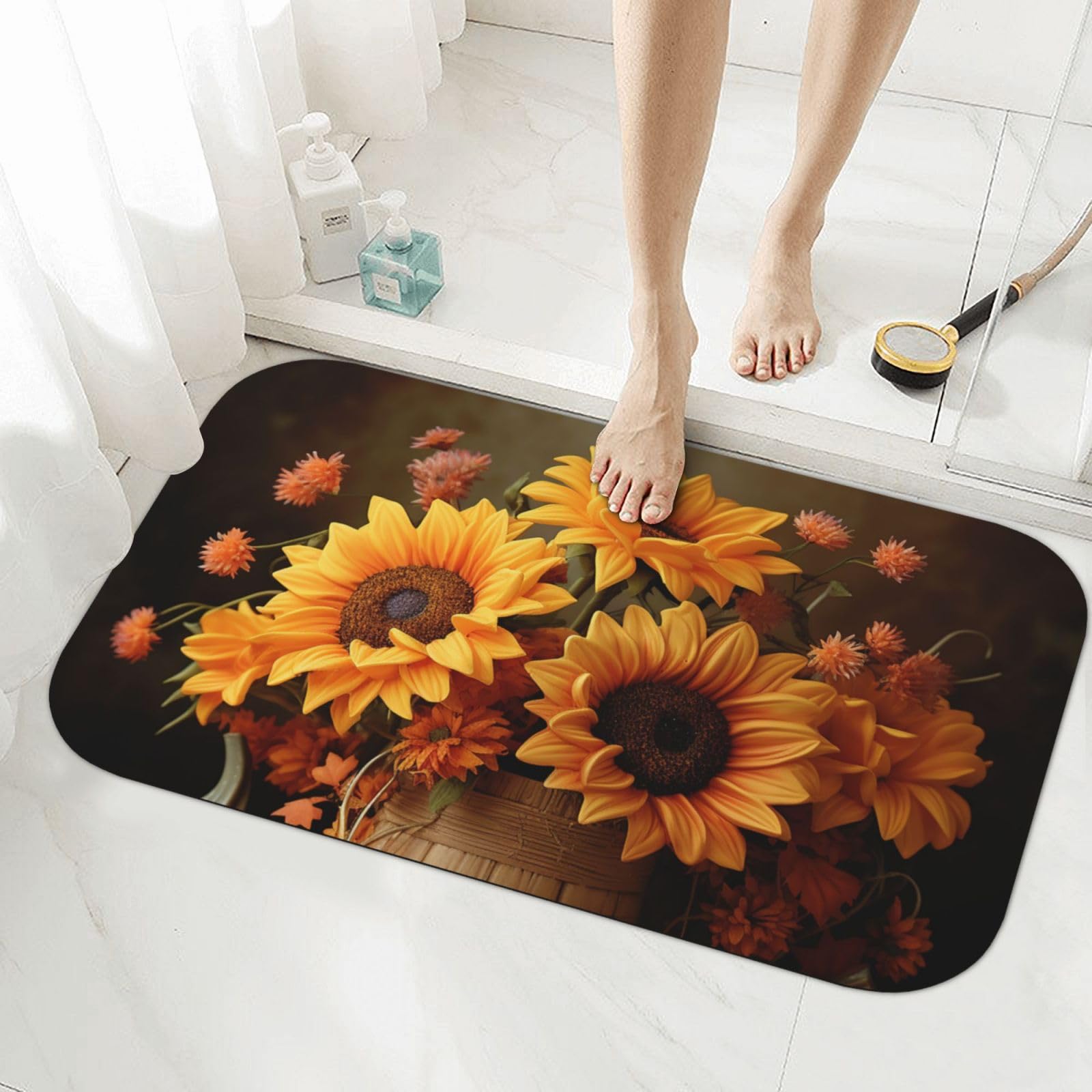 Tapis de bain en pierre ultra absorbant au design citrouille et tournesol
