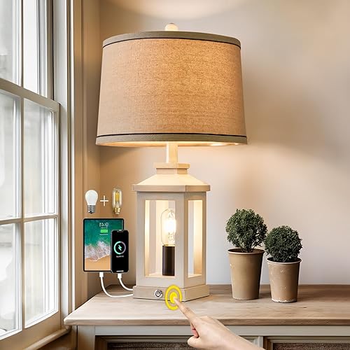 Miniatura 5 de Lámpara de mesa retro de 23.75 pulgadas con puertos USB C+A con control táctil regulable de 3 vías, luz nocturna blanca, lámpara moderna vintage
