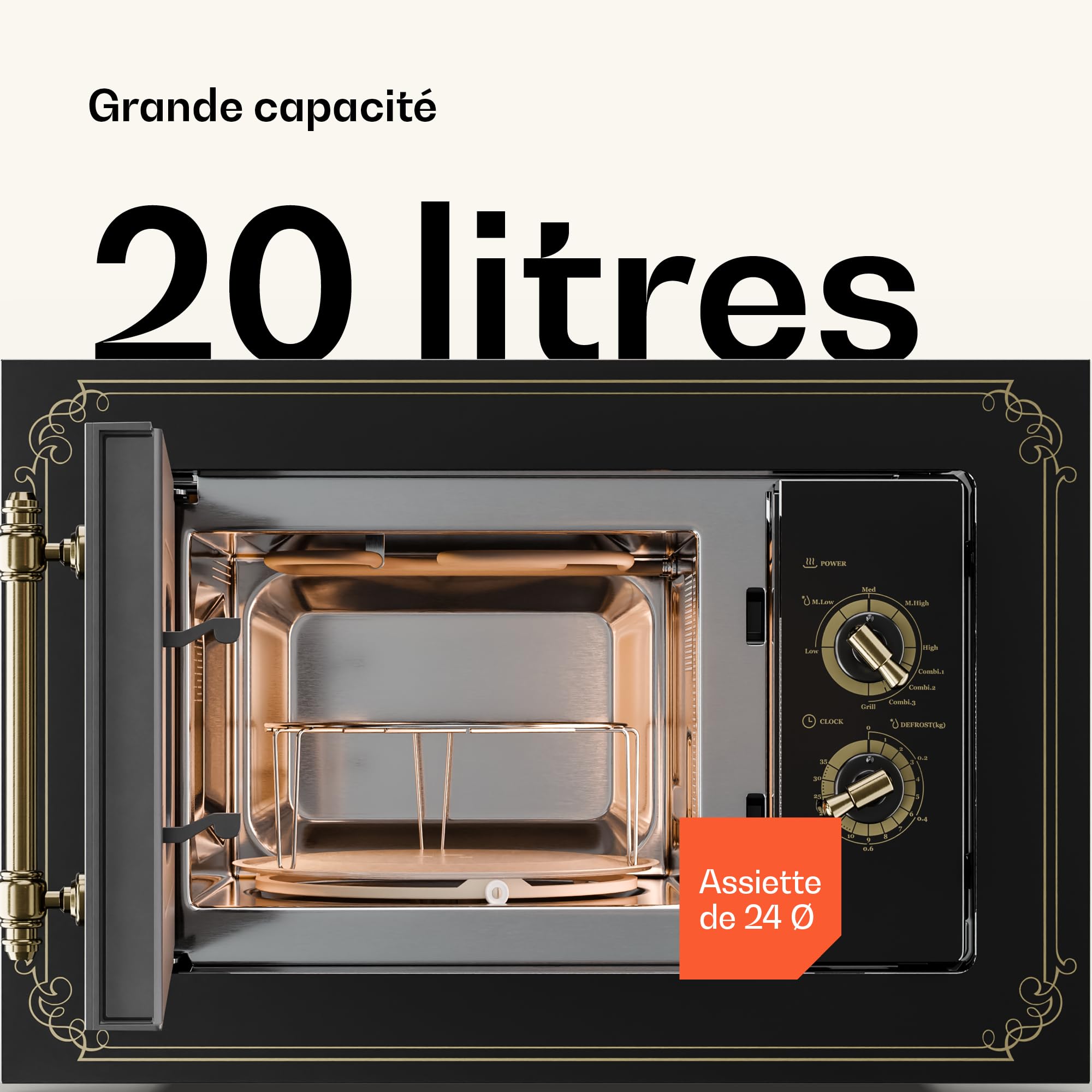 Klarstein Victoria 20 - Micro-ondes Encastrable Design Rétro, 20L, 800W/1000W Gril, 3 Fonctions, Acier Inoxydable, Cadre de Montage, Noir