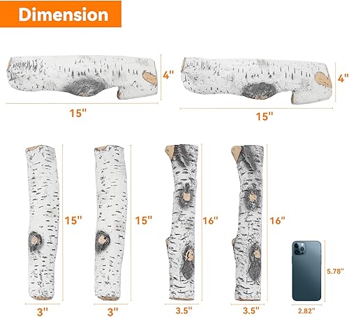 Miniatura 2 de Skyflame Juego de 6 troncos de chimenea de gas, troncos grandes de cerámica de abedul blanco para todo tipo de inserciones de gas para interiores y