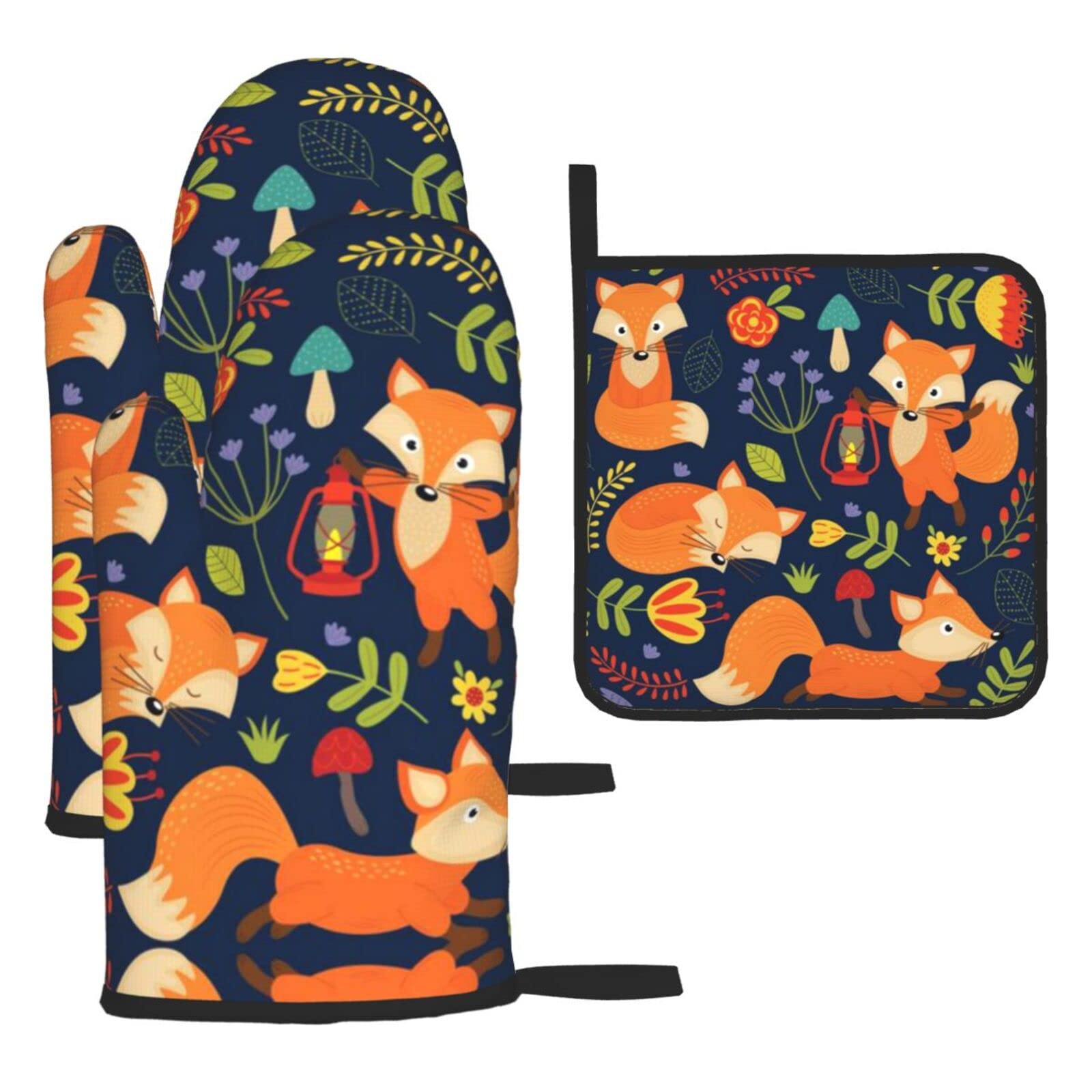 Cute Animal Fox Flower Oven Mitts and Pot Holder Kitchen Set for Grilling, Cooking, Baking, Heat Resistant