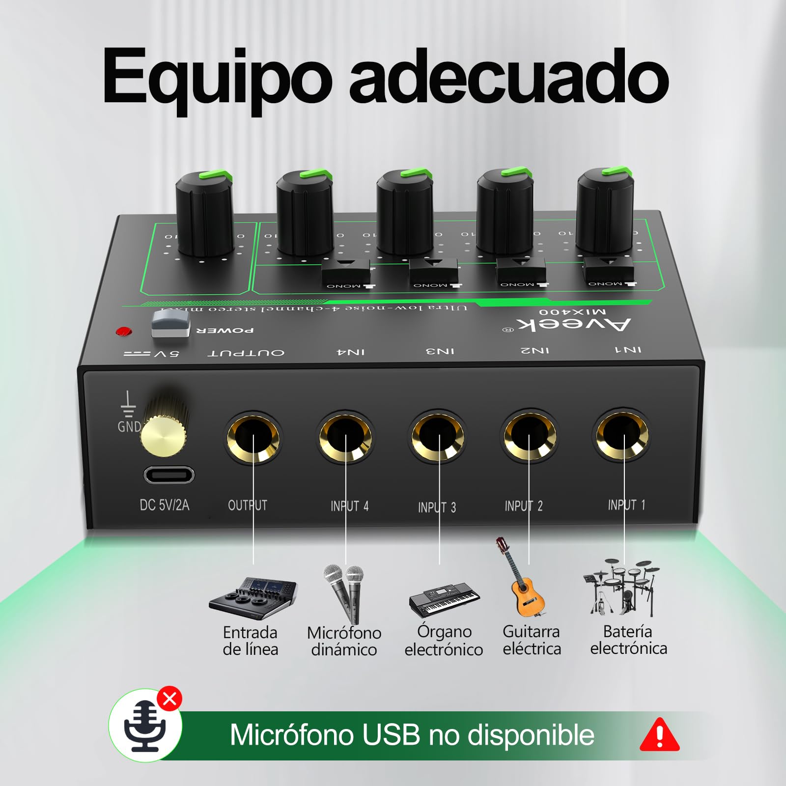 Aveek Mini Line Audio Mixer - Mezclador de Sonido de 4 Canales con Conmutación Estéreo/Mono y Funcionamiento con Poco Ruido para Submezclas de Precisión, Entrada/salida TRS de 1/4" Ideal para Micró