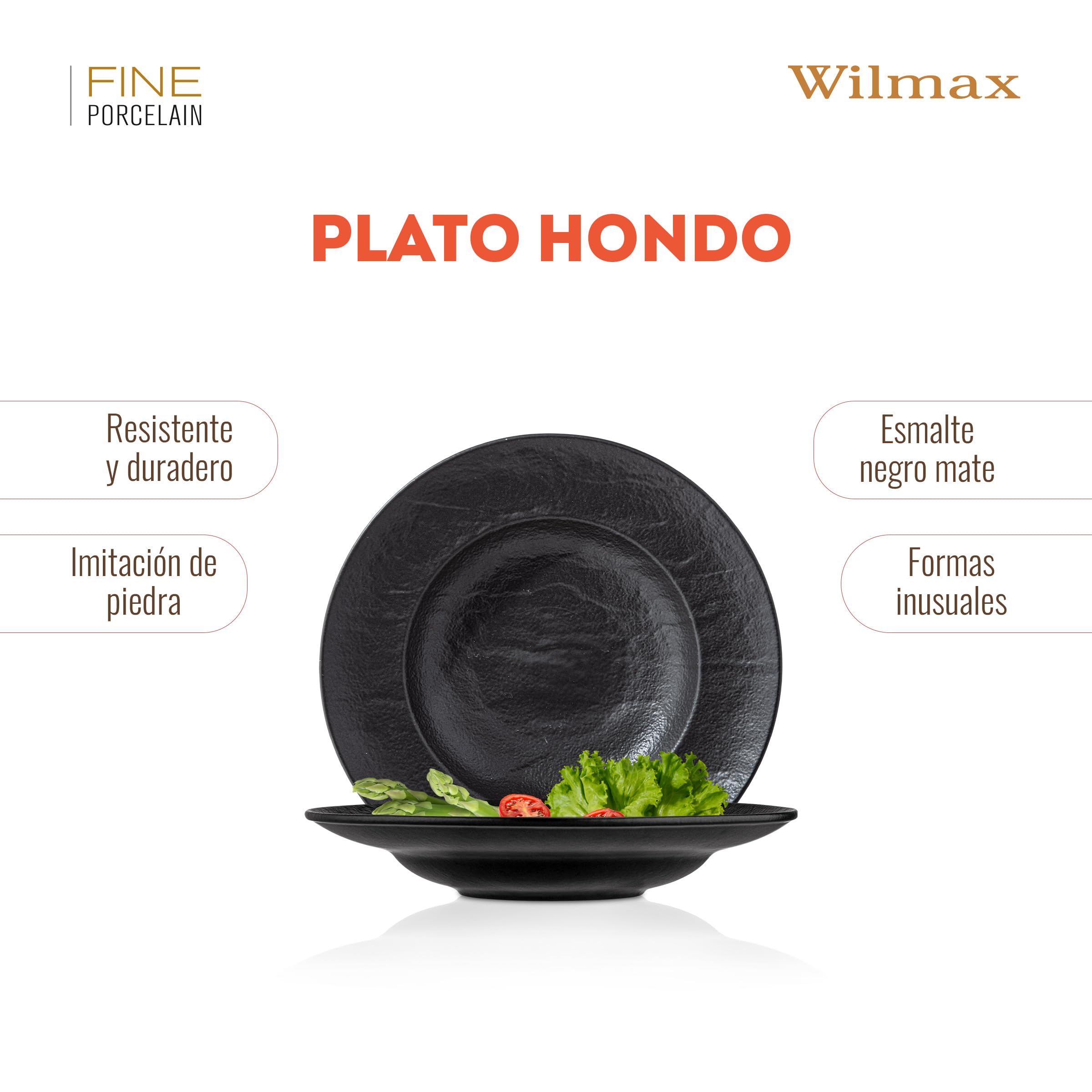 Wilmax – Cuencos profundos – 2 unidades 25,5 cm / 350 ml | platos de pasta negra | textura de piedra natural | para pasta, sopas, ensaladas, platos principales | platos hondos resistentes a los