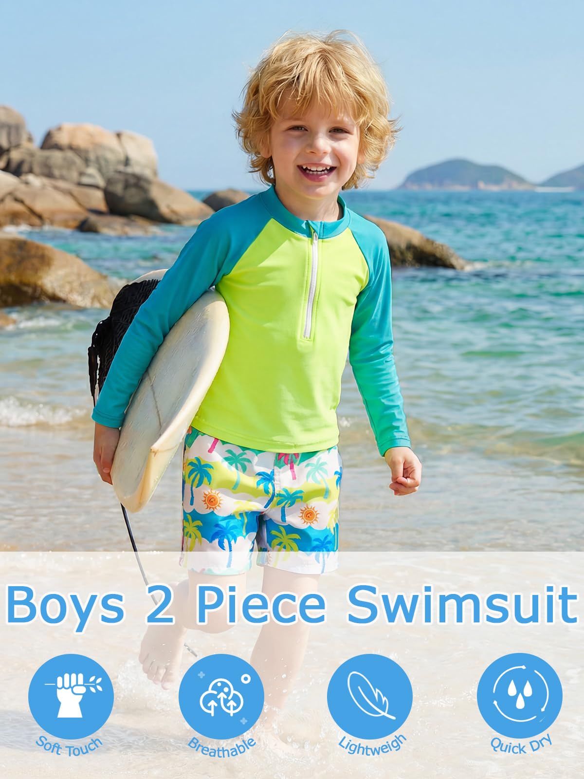 JiAmy Conjunto de traje de baño de manga larga para niños, 2 piezas, traje de baño con cremallera frontal y pantalones cortos de natación con bolsillos, traje de baño para 3-12 años