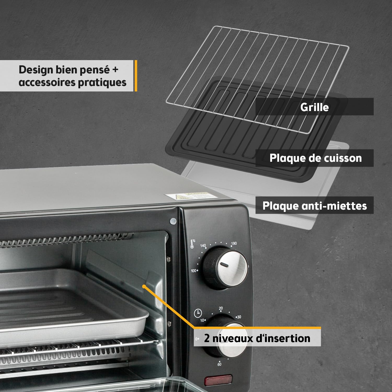 TZS First Austria - Mini-Four 10L 800W - Four avec réglage de la température jusqu'à 230°C - Avec minuteur de 60 min, 2 hauteurs d'insertion, plaque et grille - Pour petites cuisines et camping
