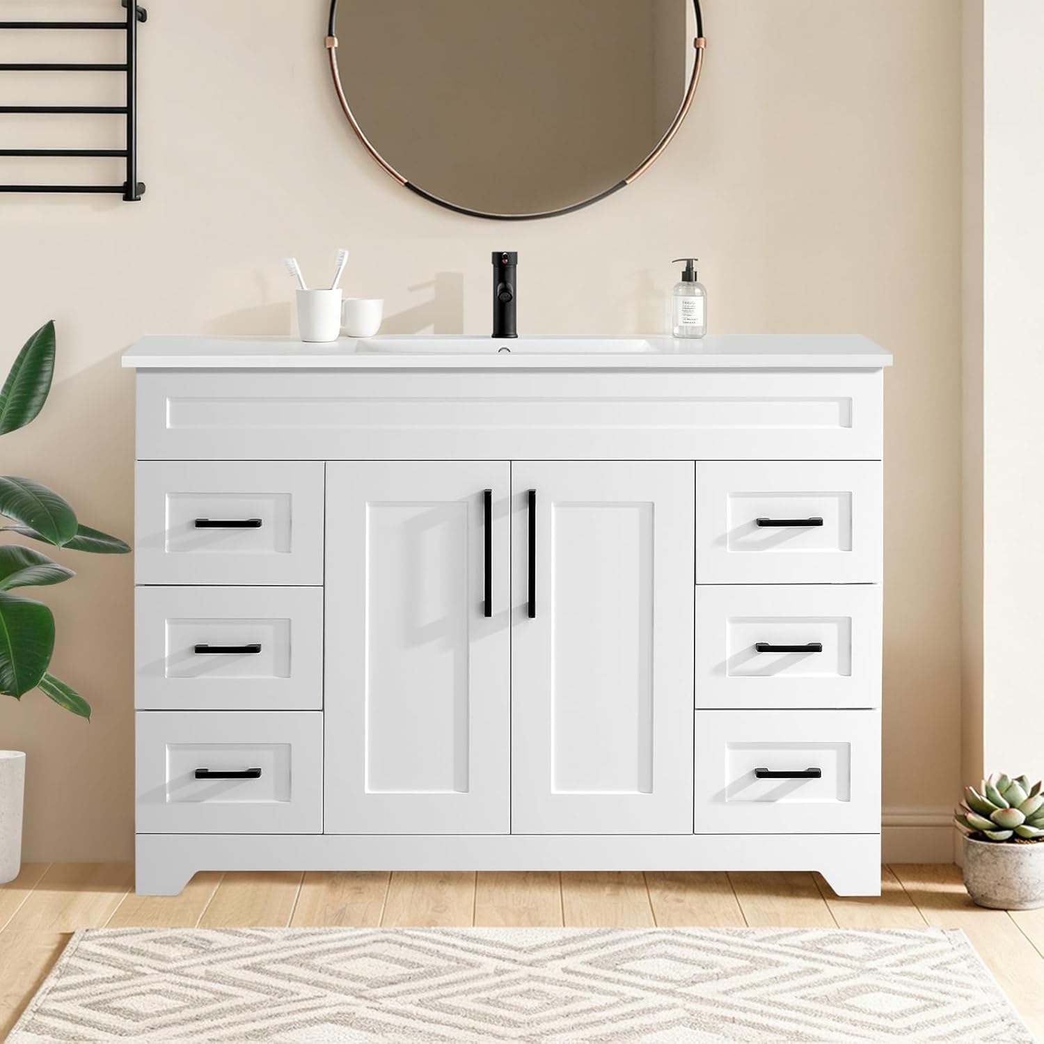 48” Luxurious Bathroom Vanity with Resin Sink Combo, White Bathroom Cabinet with 2 Soft Closing Doors & 6 Full Extension Drawers, Modern Storage Cabinet
