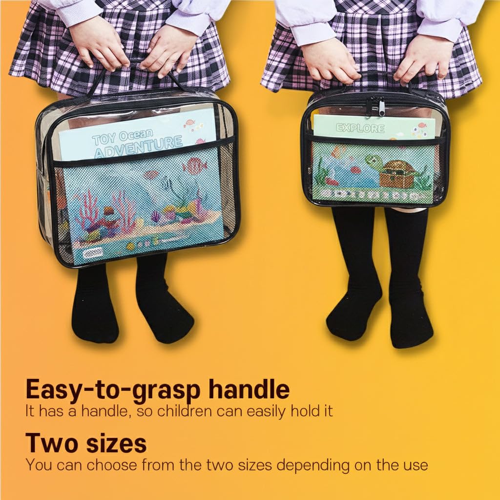 holay 4 Packs PVC Toy Storage Organizer with Zipper, Name Tag & Manual Pocket, Clear Durable Case for Blocks, Clay, Board Games, Travel (Black, Small)