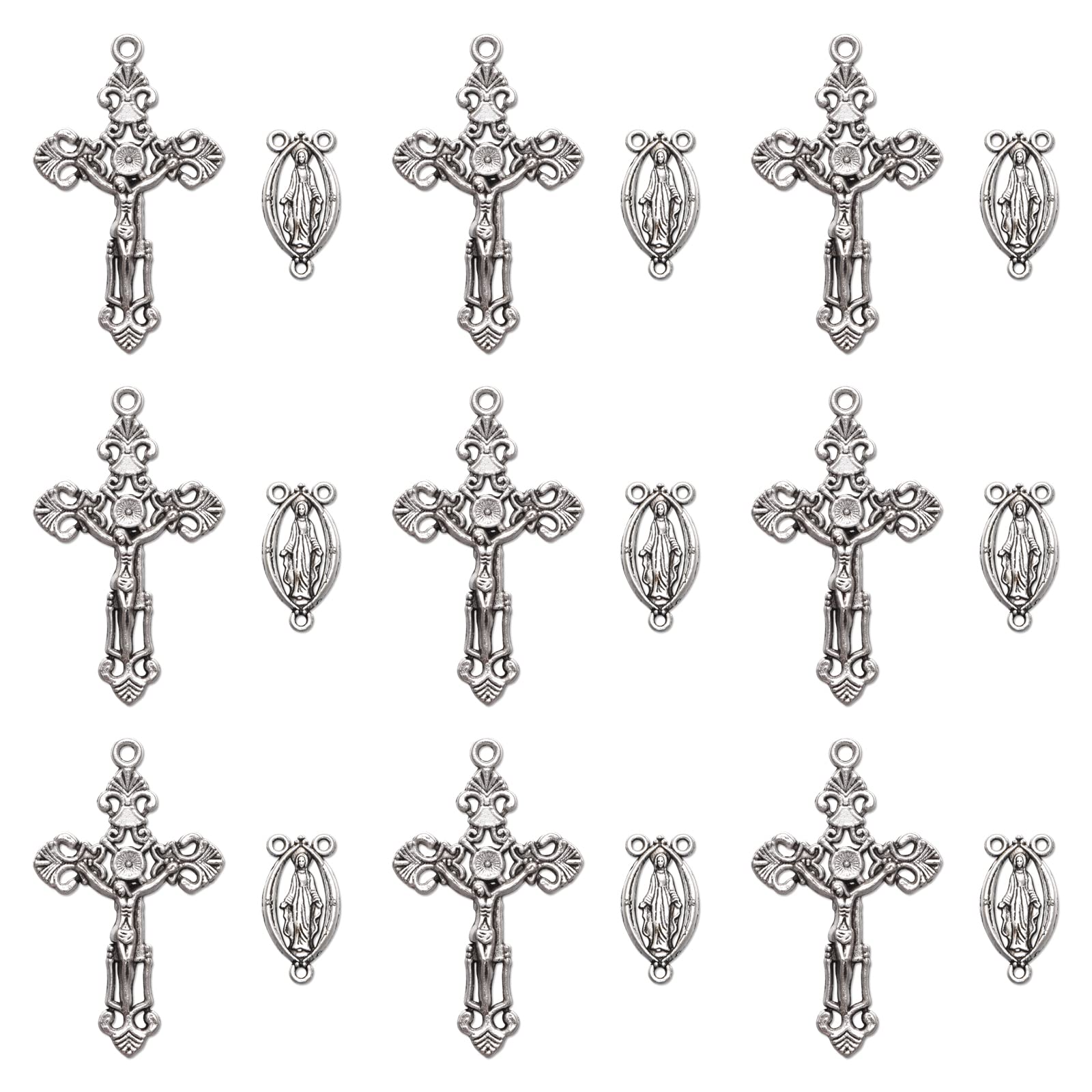 20Pcs Rosary Kits Cross and Center Medal Charms Tibetan Silver Alloy  Catholic Jesus Maria Oval Links Pendant for Diy Jewelry Making Supplies