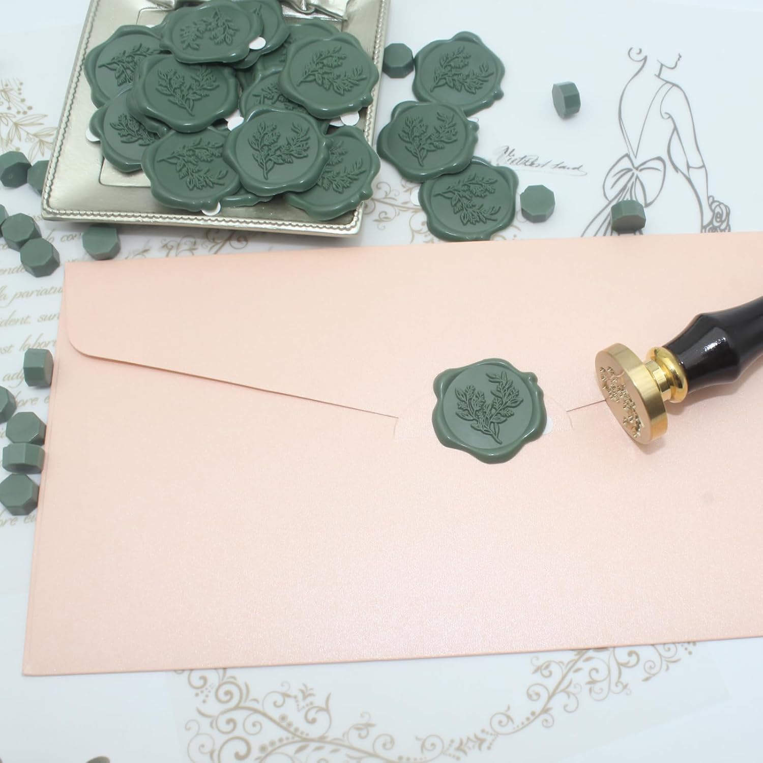 Botanical Eucalyptus Wax Seal Stickers - 60pcs Real Sealing Wax Pre-Made, Olive Green Wedding Invitation Stickers, Great for Envelope Letter Seal, Bridal Crafts & Gift Wrapping