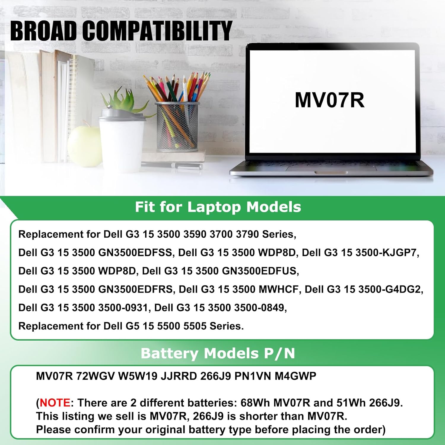 MV07R Laptop Battery Replacement for Dell G3 15 3500 3590 3700 3790 G5 15 5500 5505 SE Series Notebook 72WGV 072WGV W5W19 0W5W19 JJRRD 0JJRRD 266J9 M4GWP PN1VN 15.2V 68Wh 4250mAh