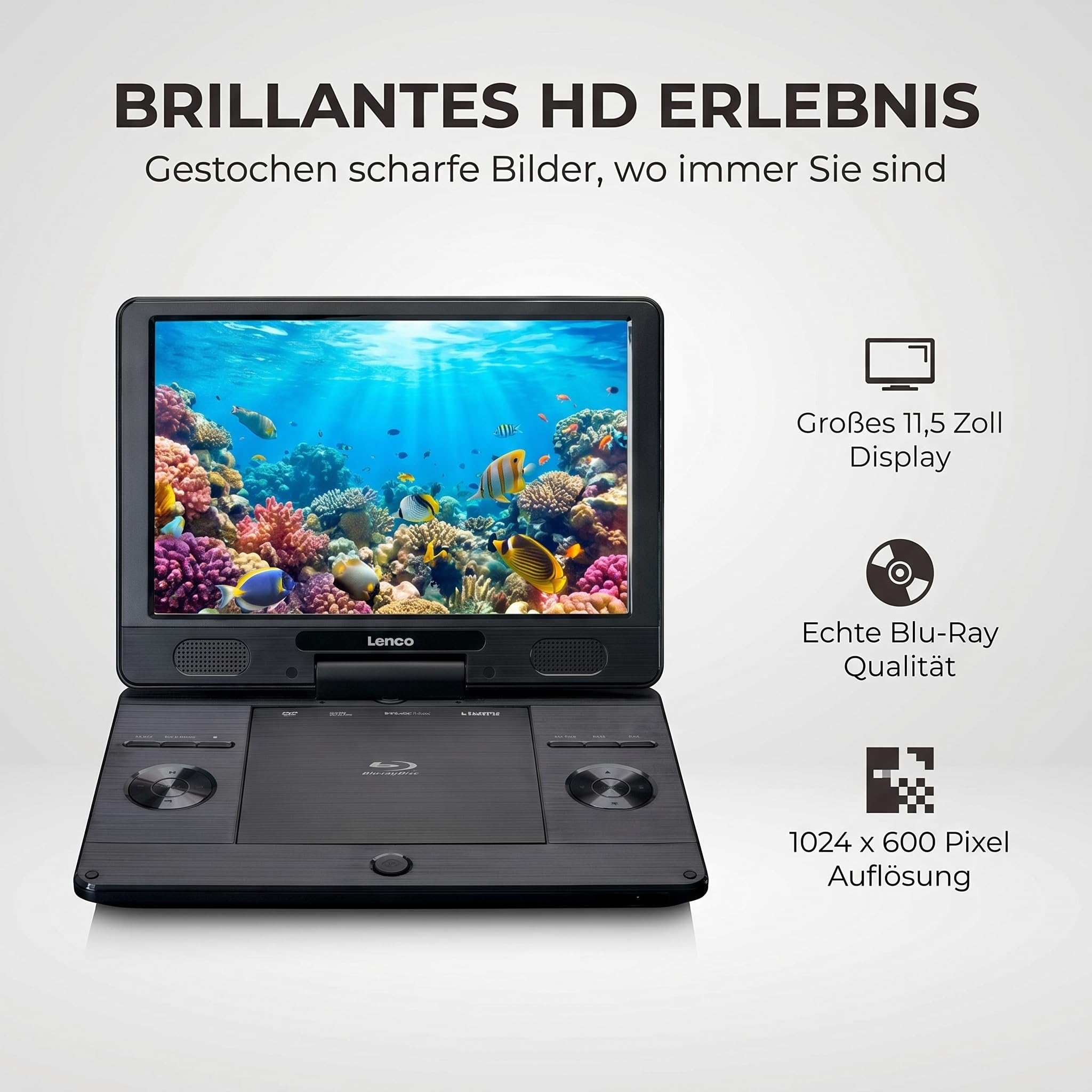 Lenco BRP-1150BK - DVD Player - Tragbarer DVD Player - DVD Player Auto | BRP-1150 - 11,5” drehbarer TFT Bildschirm - 1024 x 600 - Akku - KfZ-Adapter - USB Eingang - AV-Out