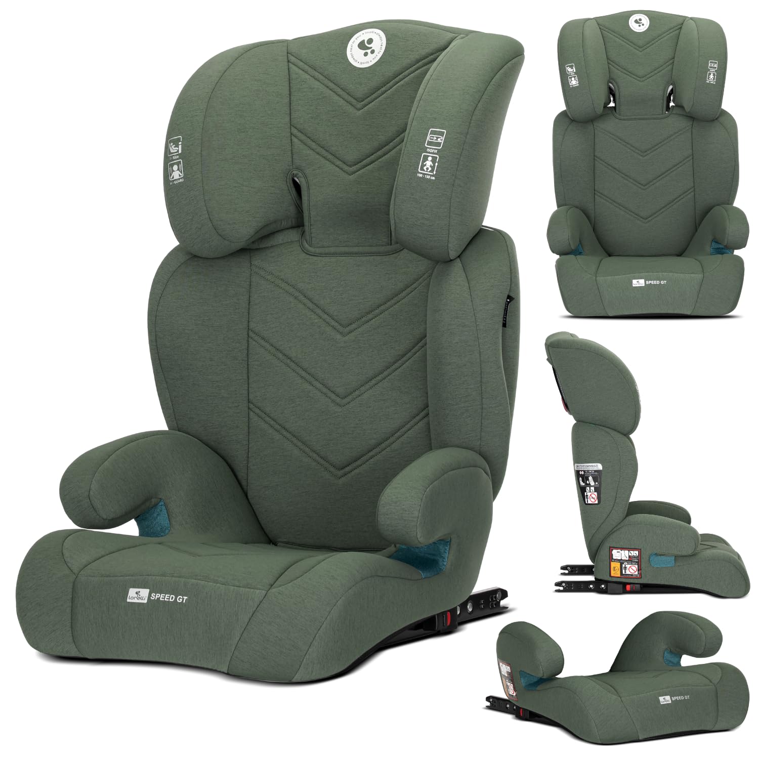 Lorelli Auto Kindersitz GT Speed mit Isofix, i-Size 100-150 cm, Mitwachsender Autositz für Kinder, Babysitz, Autokindersitz, Verstellbare Kopfstütze, Grün