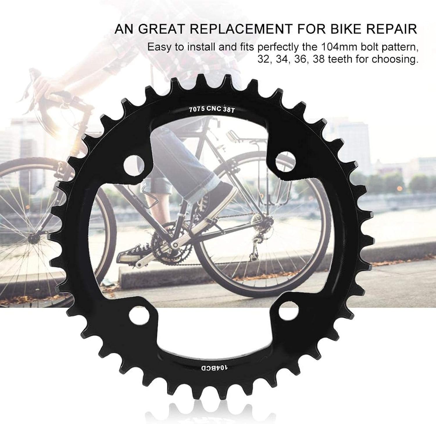 Yosoo Bike Chain Ring, Single Speed 104mm BCD Chainring, Single Chain Ring Repair Parts Mountain Bike Narrow Wide Chainring Round Shape Single Chain Ring(38T)