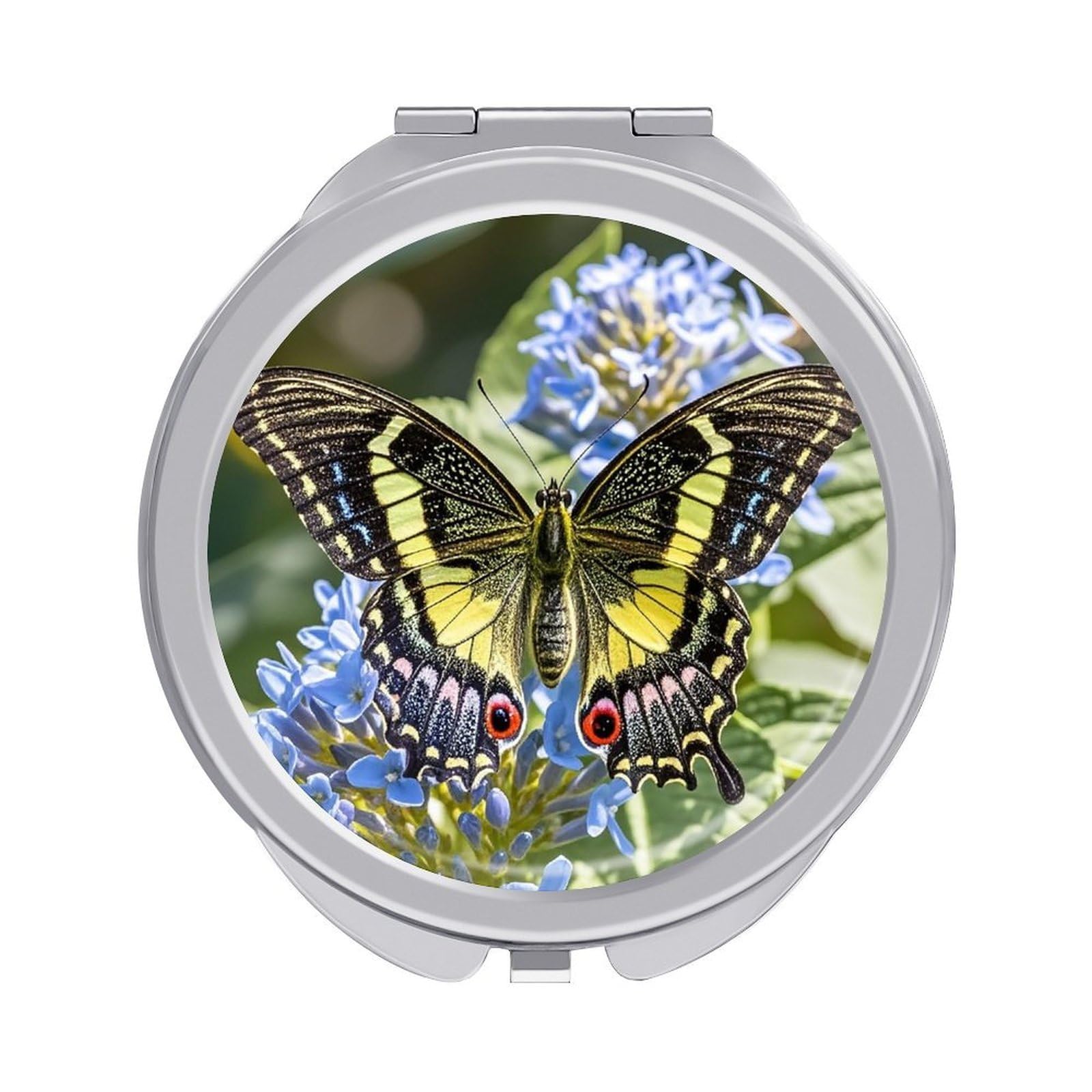 FekiLoot Nice Butterfly Travel Makeup Mirror for Women Folding Portable Hand Compact Mirrors Small Round Vanity Mirror 1X/2X Magnifying Metal Pocket Makeup Mirrors