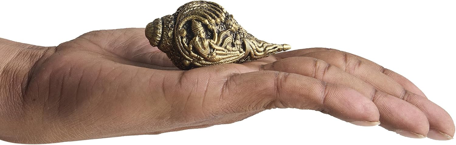ESPLANADE Brass Narayan Shankh, Vishnu Conch Shell with Vishnu God, Laxmi Maa, and Sheshnag Engraved, 3-Inch Pooja Item, Antique Collectible Piece Light Weight