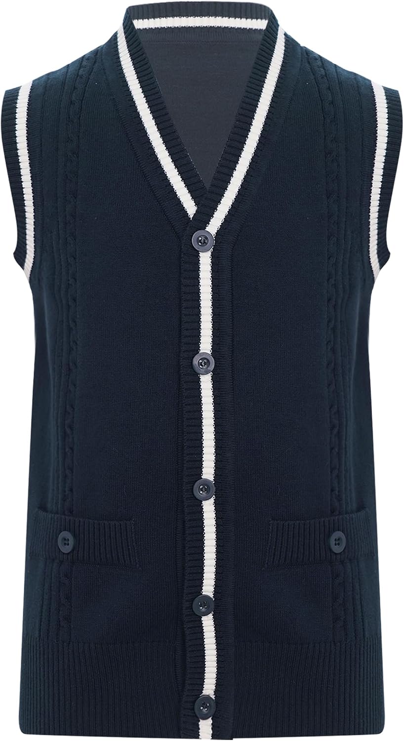 Jhaoyu Kids British Style School Uniform Sweater Vest Sleeveless Cotton Cardigan Vest Cable Knit Sweater for Boys Girls