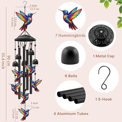 Miniatura 3 de Campanillas de viento de colibrí para exteriores, campanillas de viento de metal negro para exteriores, regalos de colibríes para mujereshombres,