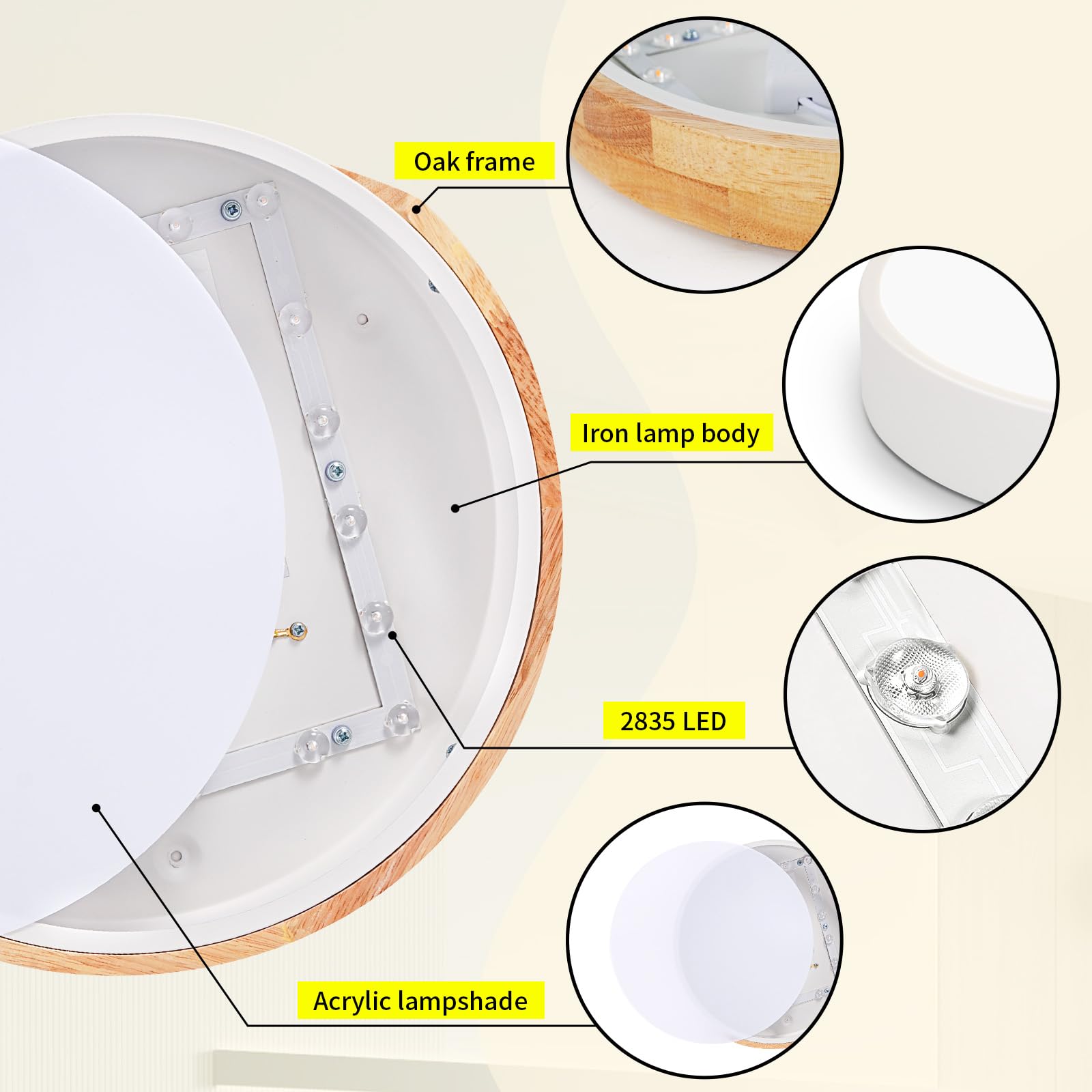 Kambo Plafón LED Redondo de Madera 24W 3000K- Lámpara de Techo Moderna Interior Blanco 2400LM Ø30cm, Luz iluminación para Cocina Salón Dormitorio Oficina Pasillo