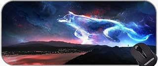 Desk Mouse Pad Computer Keyboard Mat with Stitched Edges, Spirit Night Wolf Landscape Non-Slip Base Long XXL Large Gaming Mouse Pad