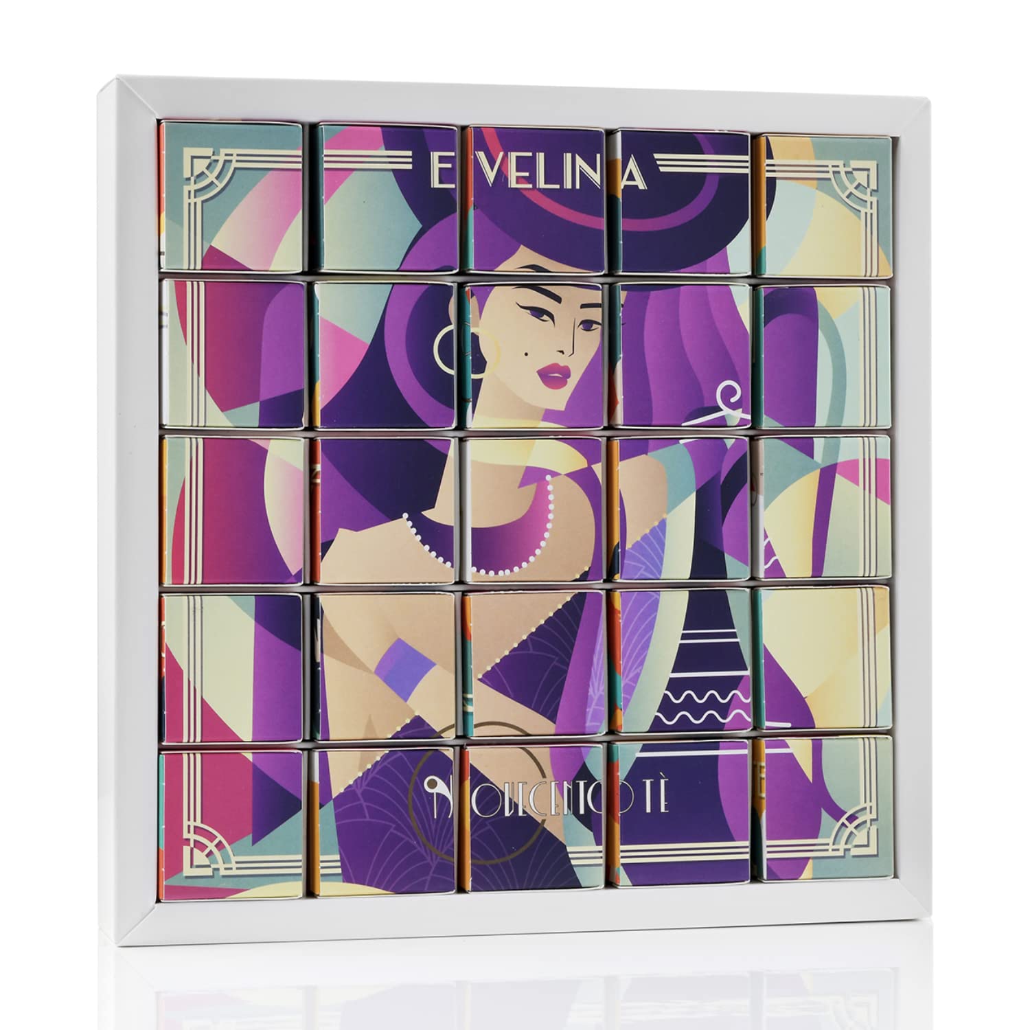 Novecento Tè Evelina - Confezione regalo per tisane, tisane assortite, 4 gusti: tè nero, tè oolong, tè verde, infuso di citronella, 25 infusi per infusione, confezione regalo per tè