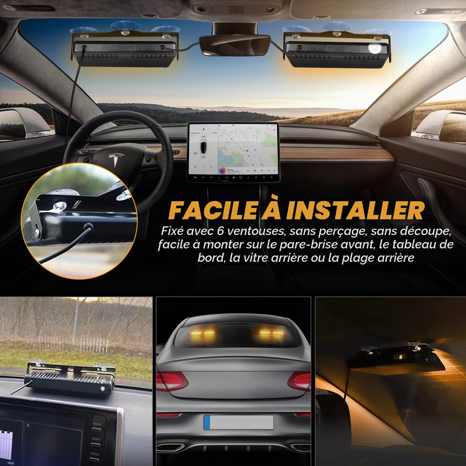 JMEST Feux Stroboscopiques LED 7.2 Pouces Pour Pare-Brise Intérieur - 16 LED, 18 Modes Flash, Beacon Lights 12V Pour Voiture, Camion, Véhicule (Amber)