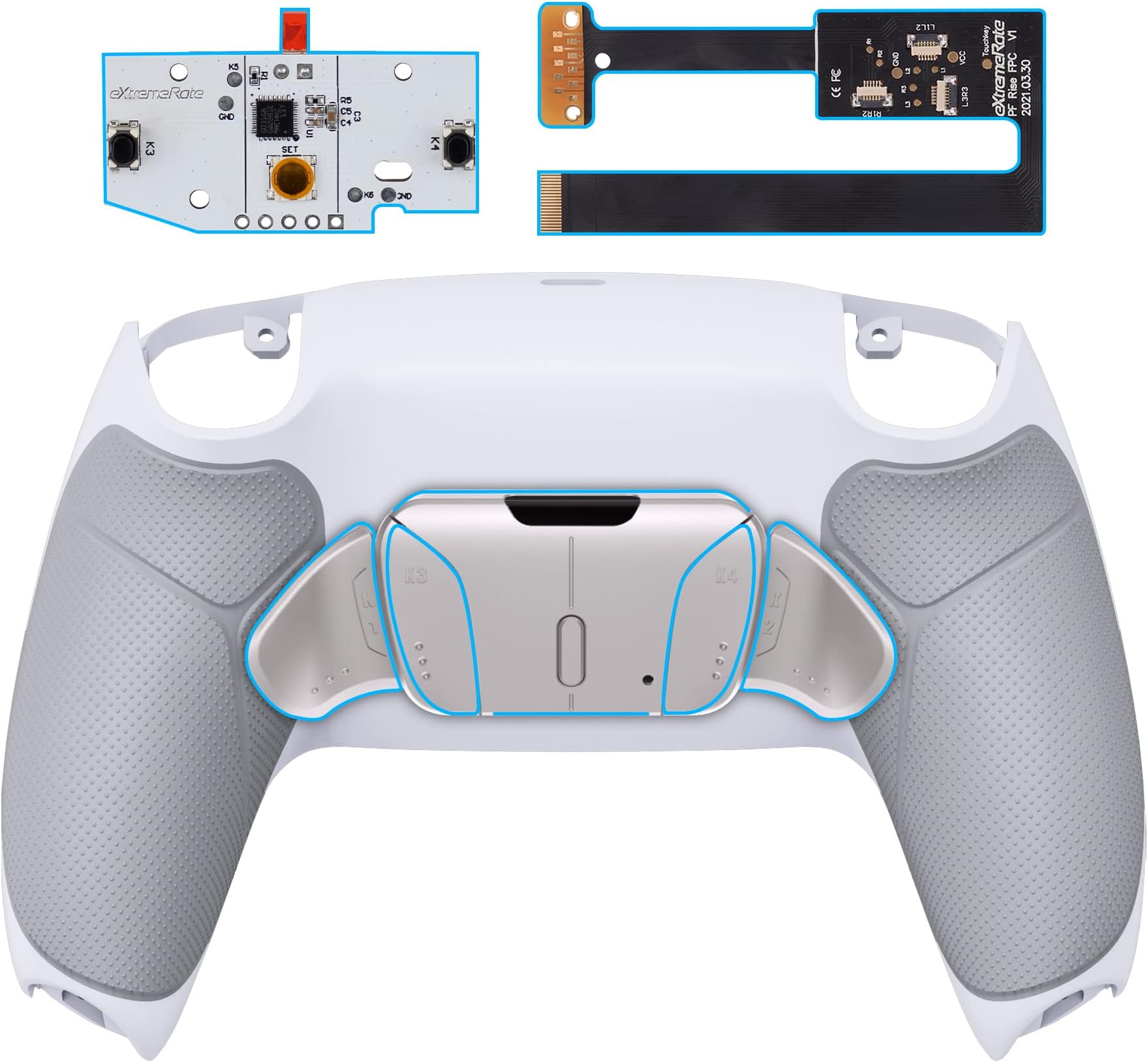 eXtremeRate Configurable RISE4 Metal Remap Kit for PS5 Controller BDM-010/020, Upgrade Mapping Board & Rubberised Handle Back Housing Case & Meall Back Paddles Back Buttons for PS5 White Grey