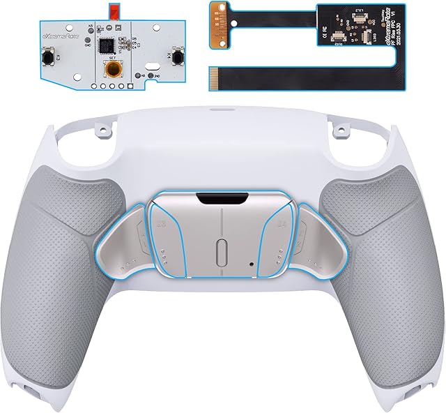 eXtremeRate Silver Real Metal Buttons (RMB) Version RISE4 Remap Kit for ps5 Controller with Gray Rubberized Grip White Redesigned Back Shell, Upgrade Board and 4 Back Buttons for ps5 Controller