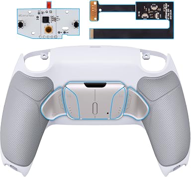 eXtremeRate Silver Real Metal Buttons RMB Version RISE4 Remap Kit for PS5 Controller BDM-010 020 w/ Gray Rubberized Grip White Redesigned Back Shell, Upgrade Board, 4 Back Buttons for PS5 Controller