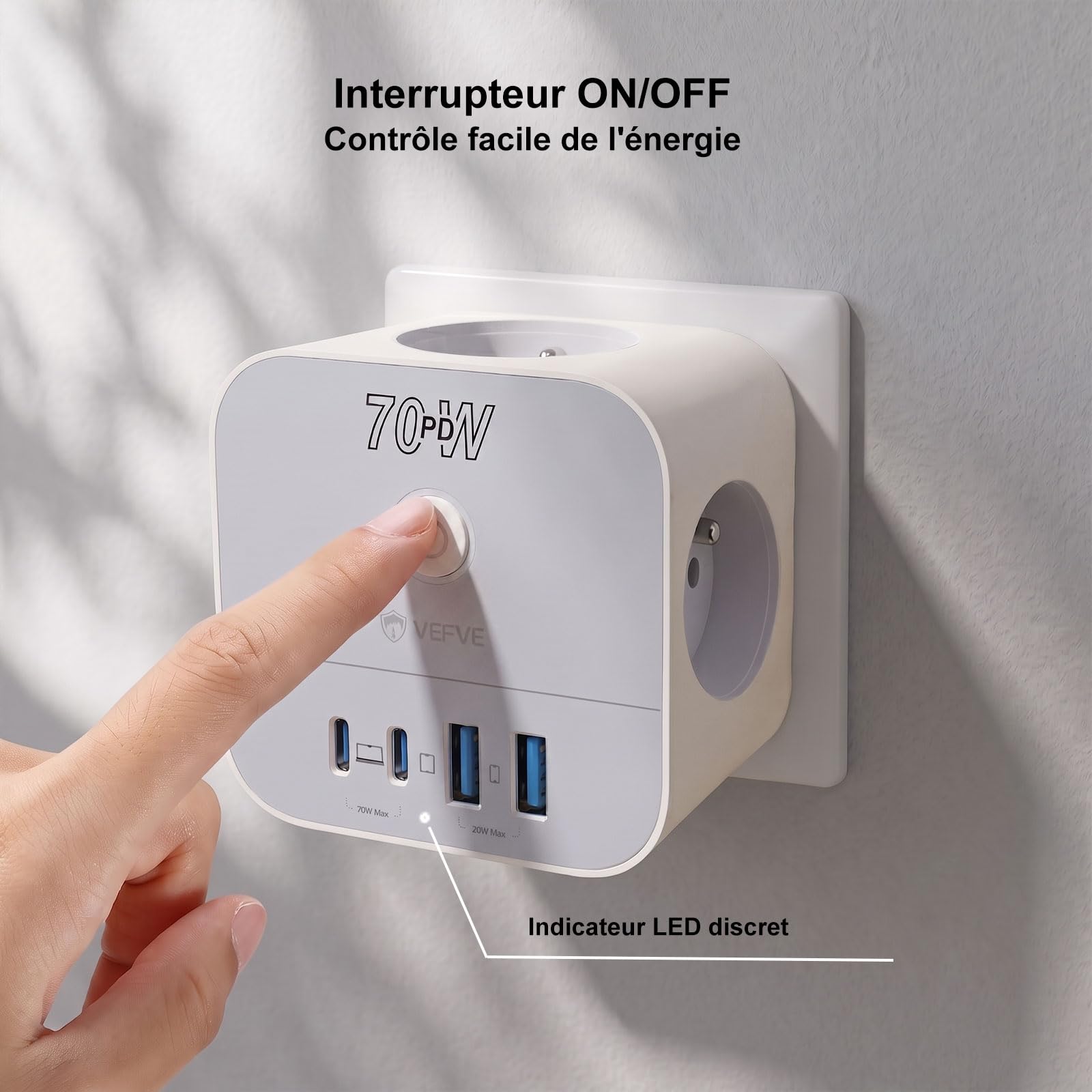 VEFVE Chargeur Rapide USB C 70W, Prise Multiprise Cube 7-en-1 avec Interrupteur, Technologie GaN III, Compatible Ordinateurs Portables, Tablettes et Smartphones
