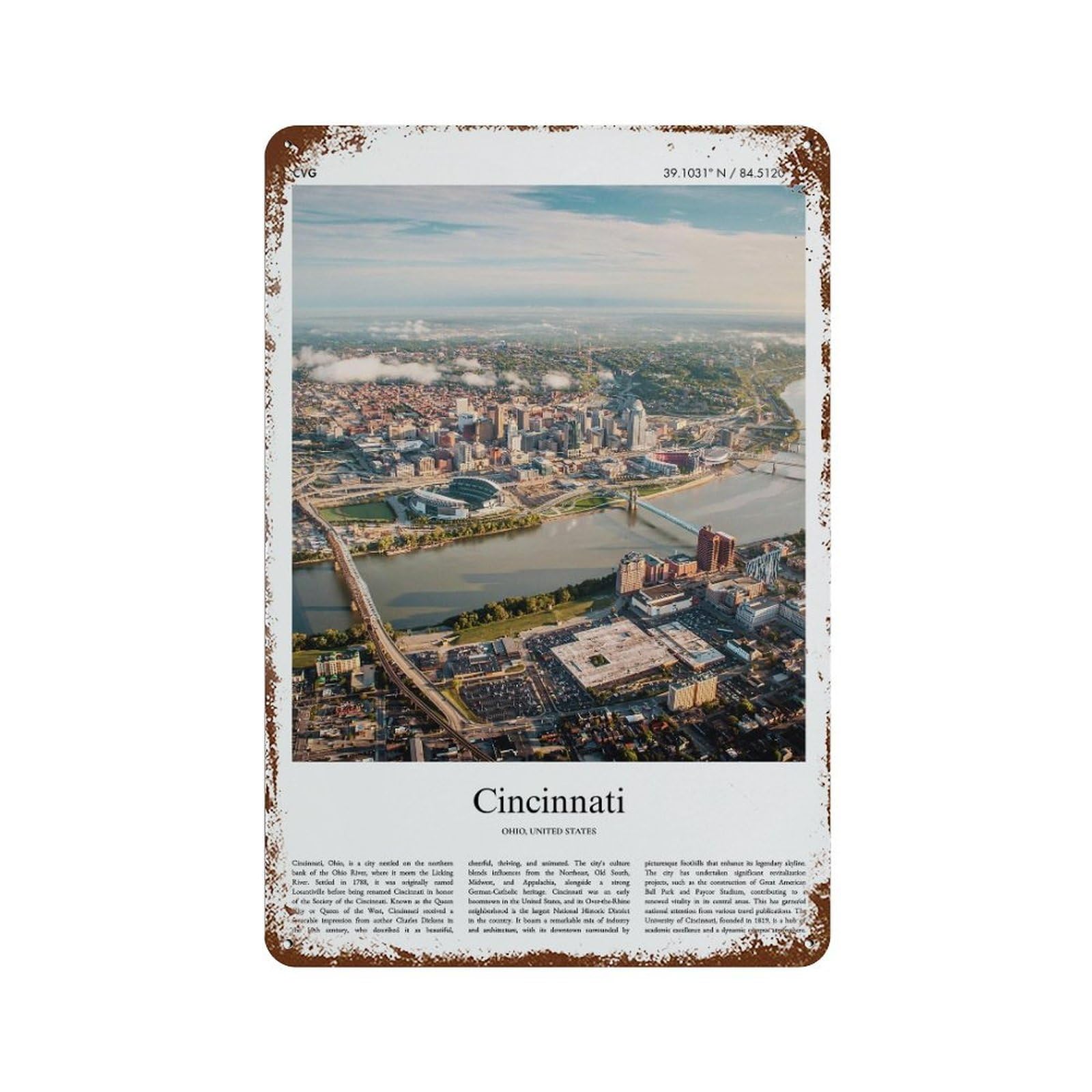xiaoxiaoshen Cincinnati Ohio, United States, USA City Scenery Wall Decor Art Metal Tin Poster Modern Home Decor Art Home Bar Shop Decorations Vintage Sign 30x20cm