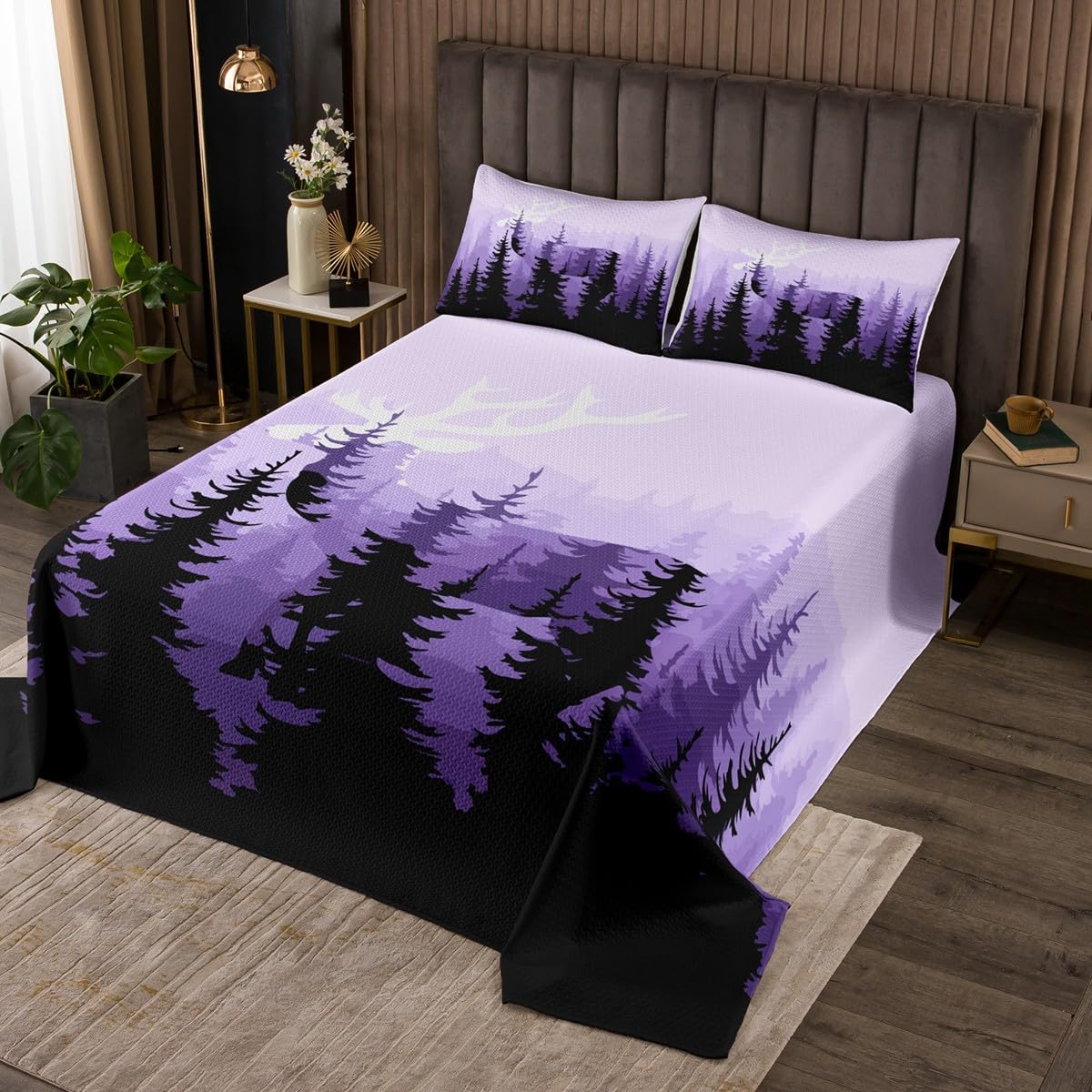 Deer Coverlet Set Kids Botanical Forest Bedspread Boys Girls Decor Deer Hunting Quilted Coverlet Microfiber Farmhouse Wild Animal Purple Quilted 3Pcs King Size