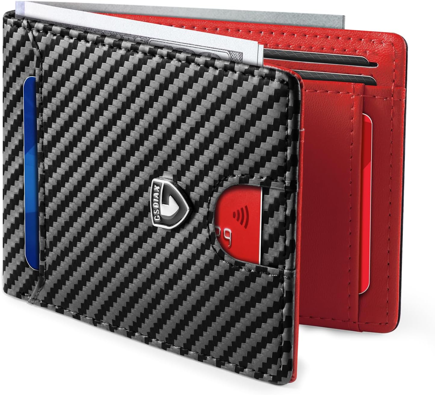 Slim Wallet for Men RFID Blocking Bifold Wallet Carbon Fiber Front Pocket Wallet with 11 Card Holder Minimalist Mens Wallet with Gift Box(Carbon Black and Red)