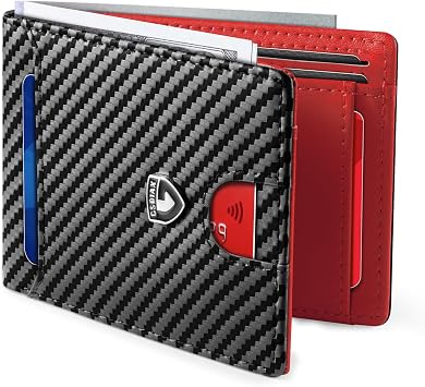 GSOIAX Mens Slim Wallet RFID Blocking Bifold Wallets for Men Minimalist Genuine Leather Carbon Fiber Card Holder Money Clip Thin Mens with Gift Box, Carbon Black and Red, Slim