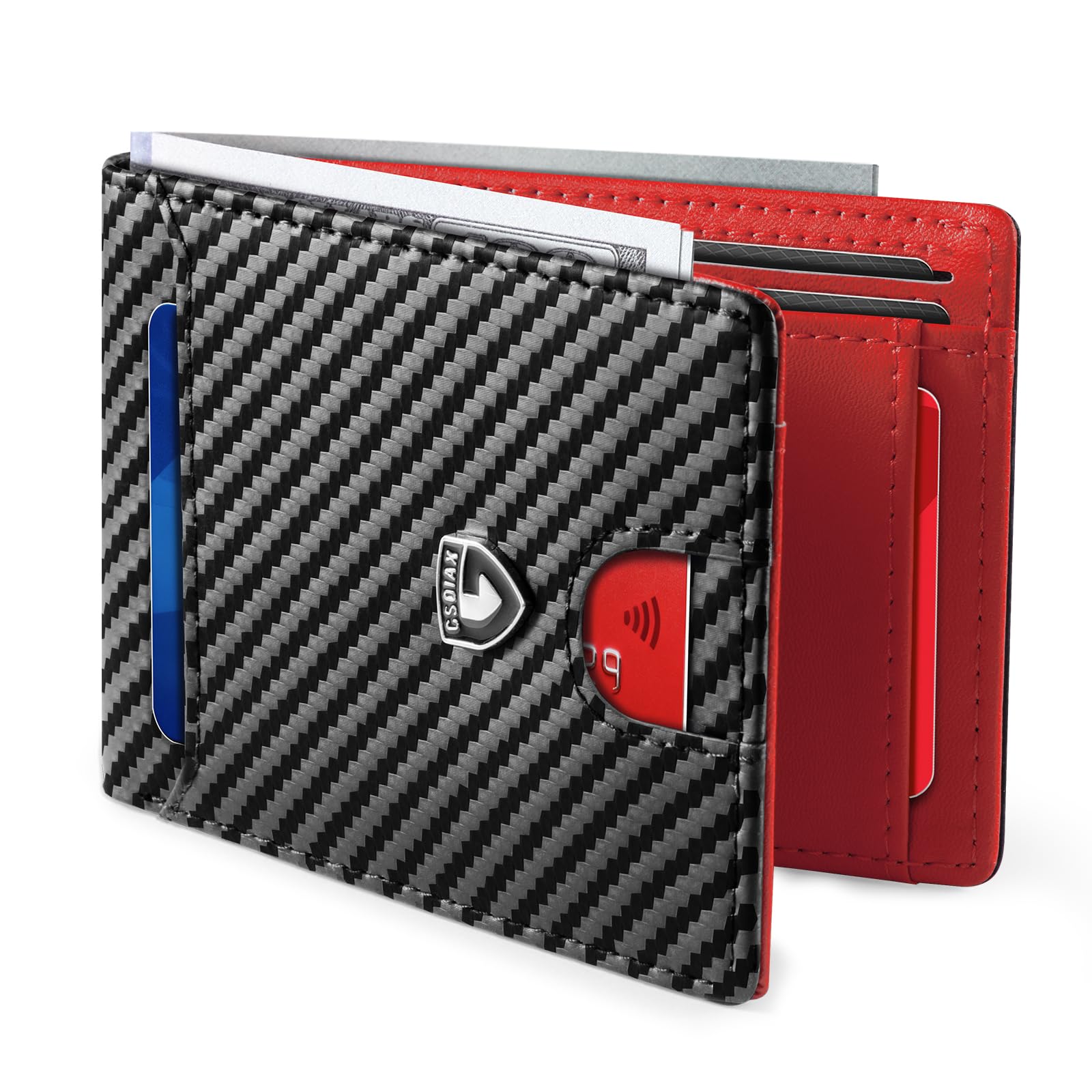 Mens Slim Wallet for Men RFID Blocking Bifold Minimalist Genuine Leather Carbon Fiber Card Holder Money Clip Thin Mens with Gift Box, Carbon Black and Red, Slim