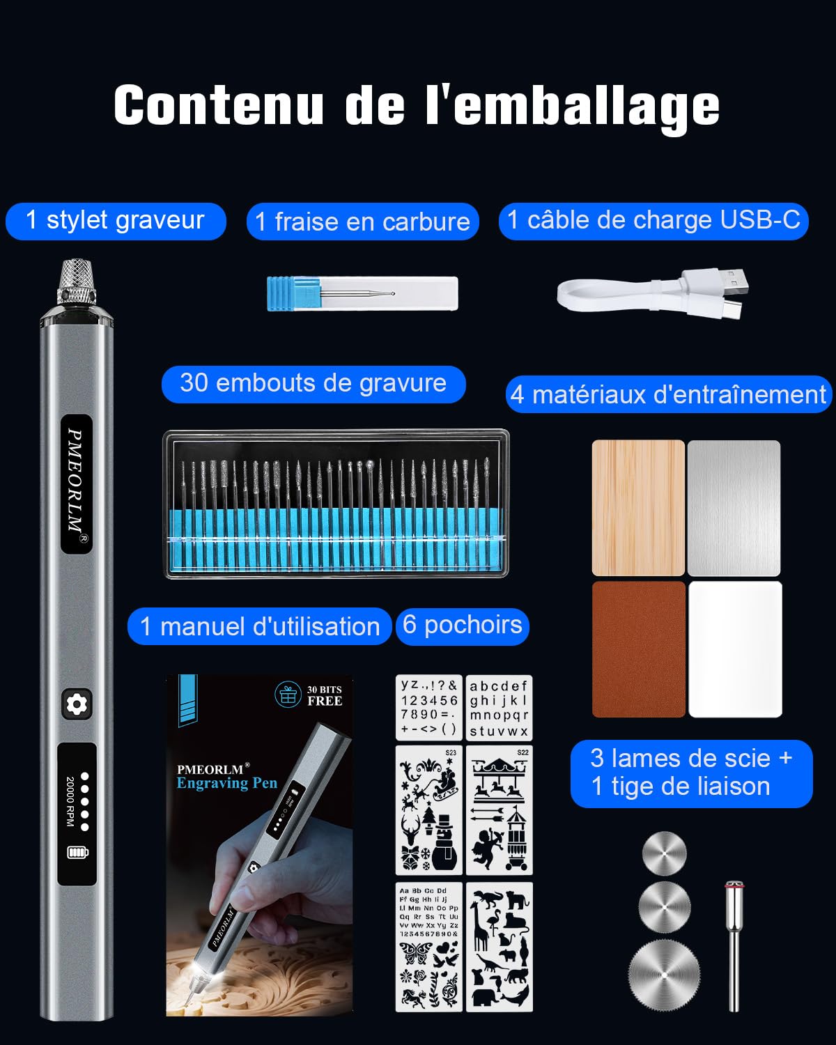 Stylo de gravure électrique – Gravez plus de 50 surfaces – Écran LCD, lumière LED, 5 vitesses, 30+ accessoires, charge USB-C – Graveur bijouterie, idéal bijoutiers, modélistes et créatifs
