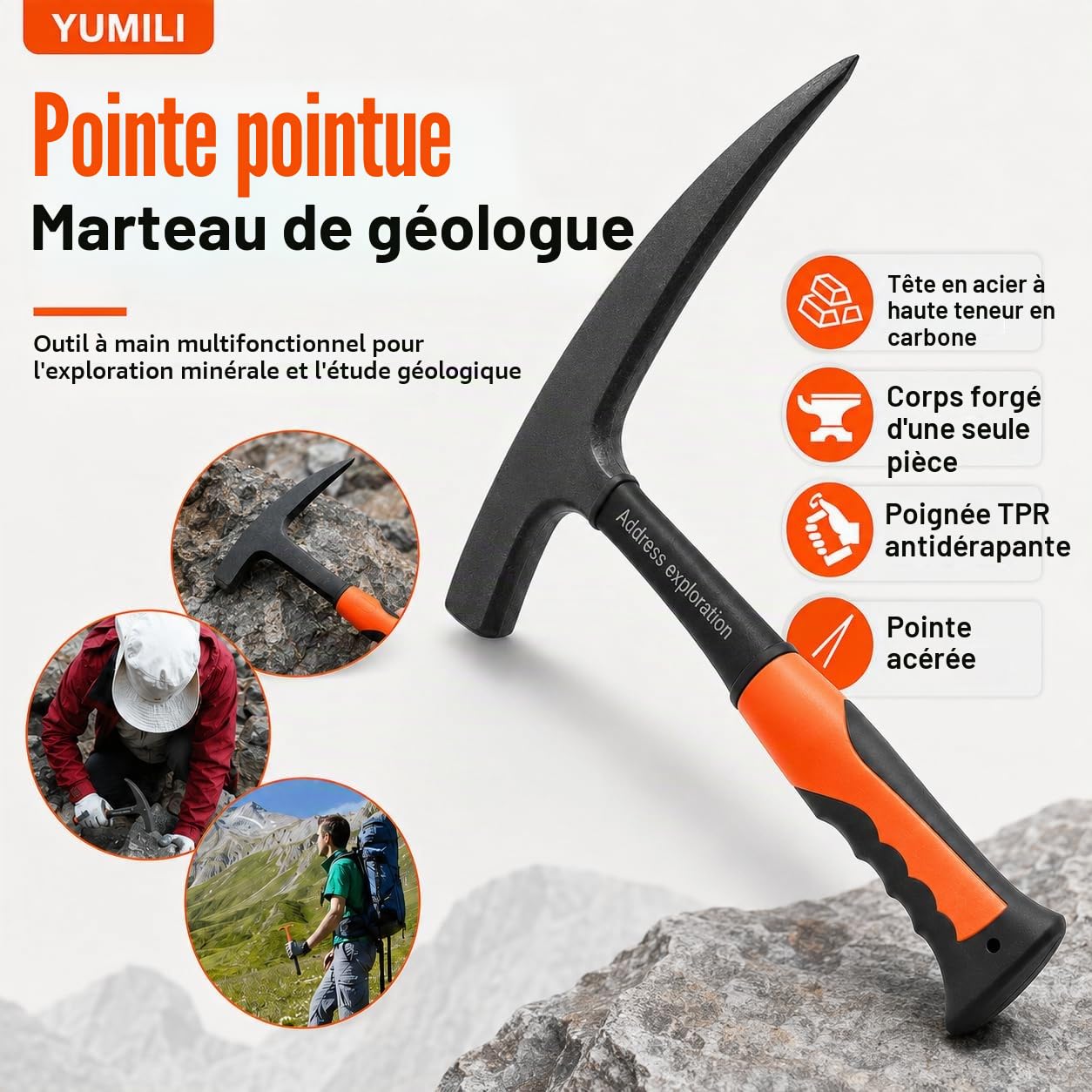 Marteau Géologique, Piolet Géologie, Marteaux à Pointe Pointue, Marteau de Géologue Professionnel avec Poignée Antichoc, 290 mm pour l'Exploration Minérale, la Géologie et l'Archéologie