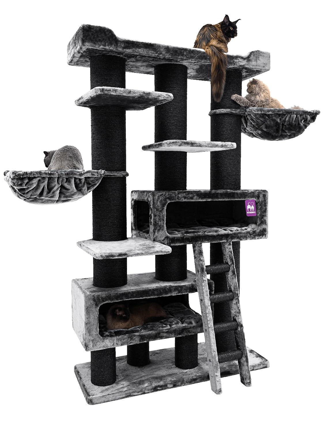 Petrebels Maine Coon Kratzbaum XXL 2 Meter hoch, Katzenbaum für große Katzen, extra stabil für mehrere Katzen, 2 Hängematten, 2 Katzenhöhlen, Siberian 200, Kletterbaum Dicke Stämme 20 cm, Schwarz