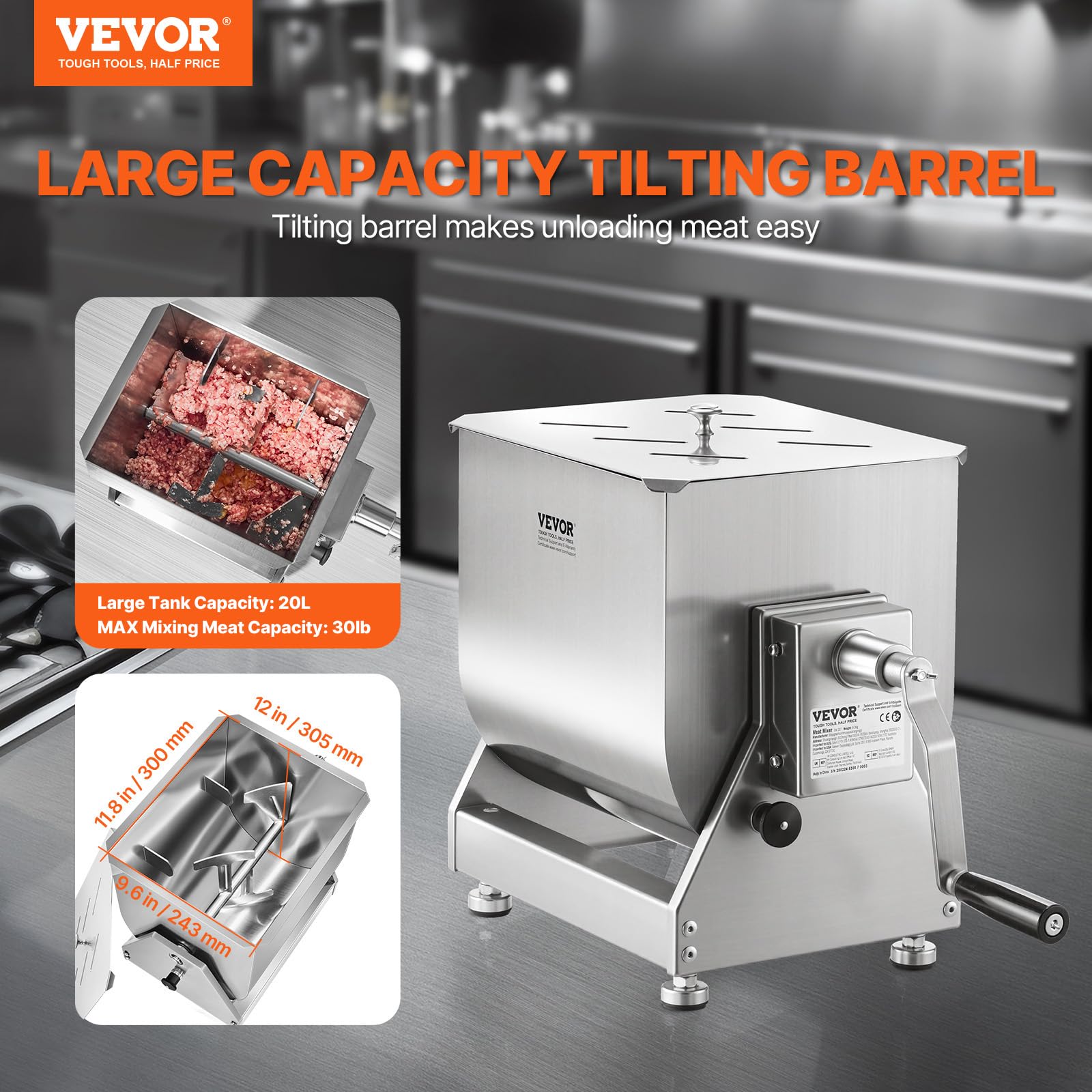 VEVOR Frullatore Manuale per Carne da 13,6 kg Impastatrice Manuale per Carne, Miscelazione Massima di 13,6 kg di Carne, Dispositivo per Lavorazione della Carne con Contenitore Ribaltabile
