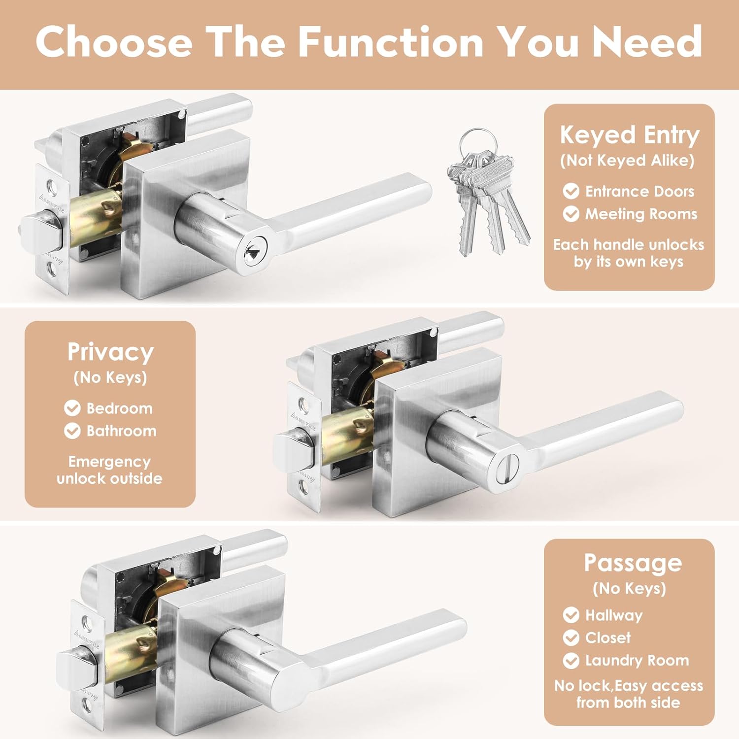 Entry Door Handle Lock and Key,Square Entrance Locking Lever Set for Room Office,Reversible for Left Right Interior Exterior Front Door,Lockable,Not Keyed Alike,Heavy Duty, Brushed Nickel