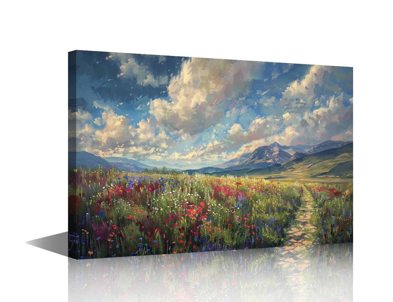 Natural Landscape Wall Art for Living Room Blooming Wildflowers Canvas Wall Art Pictures Poster Modern Wall Decor Art for Bedroom Office Giclee Wooden Framed Gallery-Wrapped Ready to Hang 16"Wx24"H