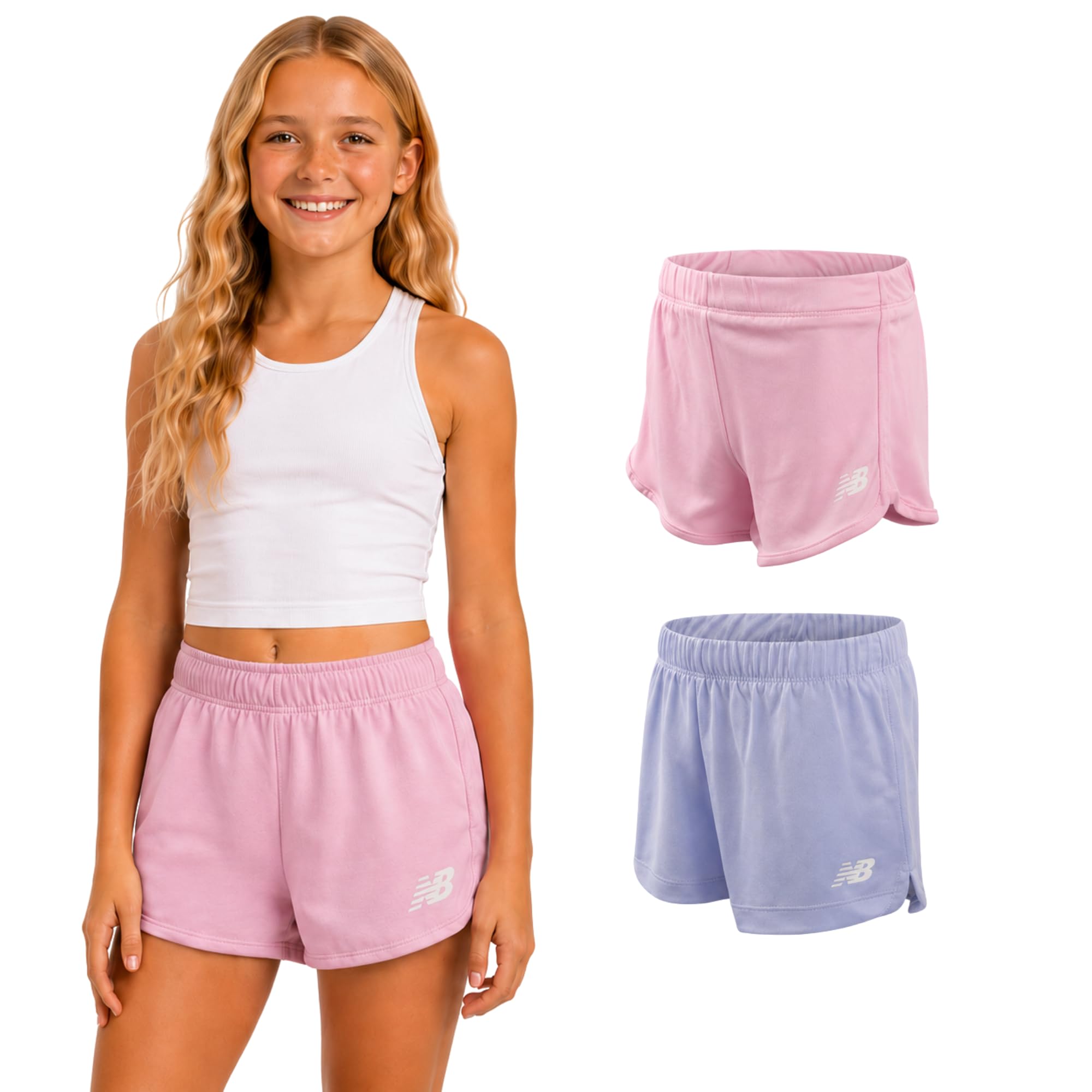 New Balance Sport-Shorts für Mädchen, 2er-Pack, aktive Performance-Mesh-Lauf-Shorts, Delfin-Shorts für Mädchen (Größe 7–16)